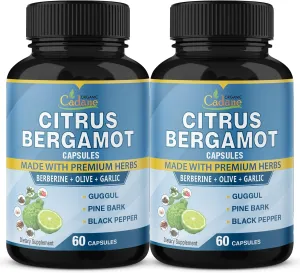 Organic Cadane 2 Packs Citrus Bergamot Supplement Extract Capsules with Berberine, Olive, Guggul, Garlic, Pine Bark, Black Pepper | Support Overall Health, Immune System - 4 Months Supply