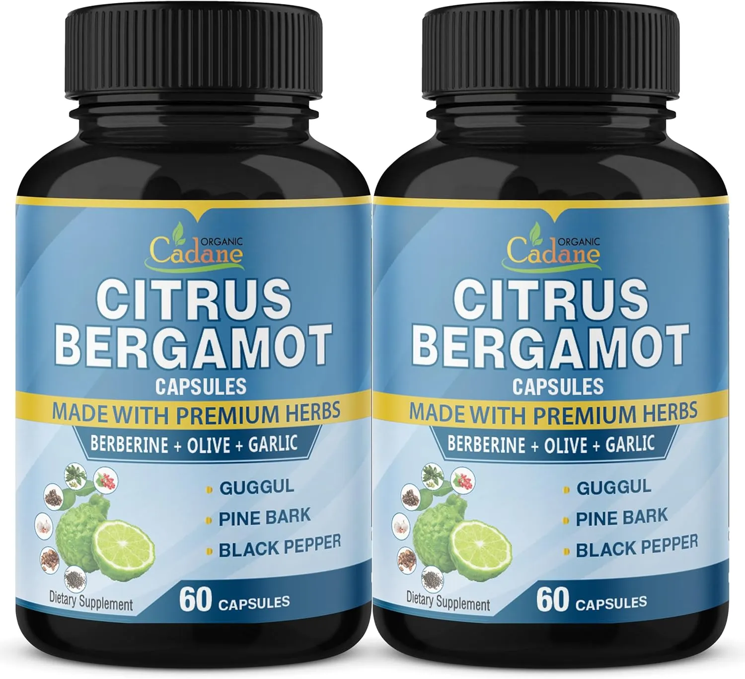Organic Cadane 2 Packs Citrus Bergamot Supplement Extract Capsules with Berberine, Olive, Guggul, Garlic, Pine Bark, Black Pepper | Support Overall Health, Immune System - 4 Months Supply