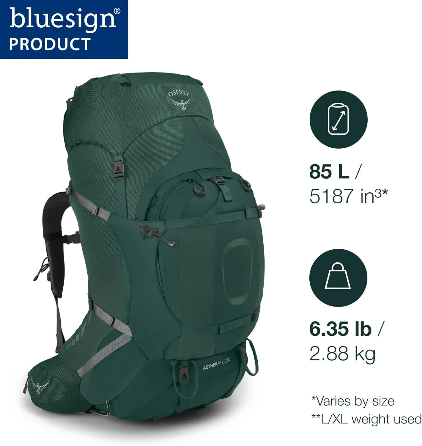 Osprey Aether Plus 85L Men's Backpacking Backpack, Axo Green, L/XL