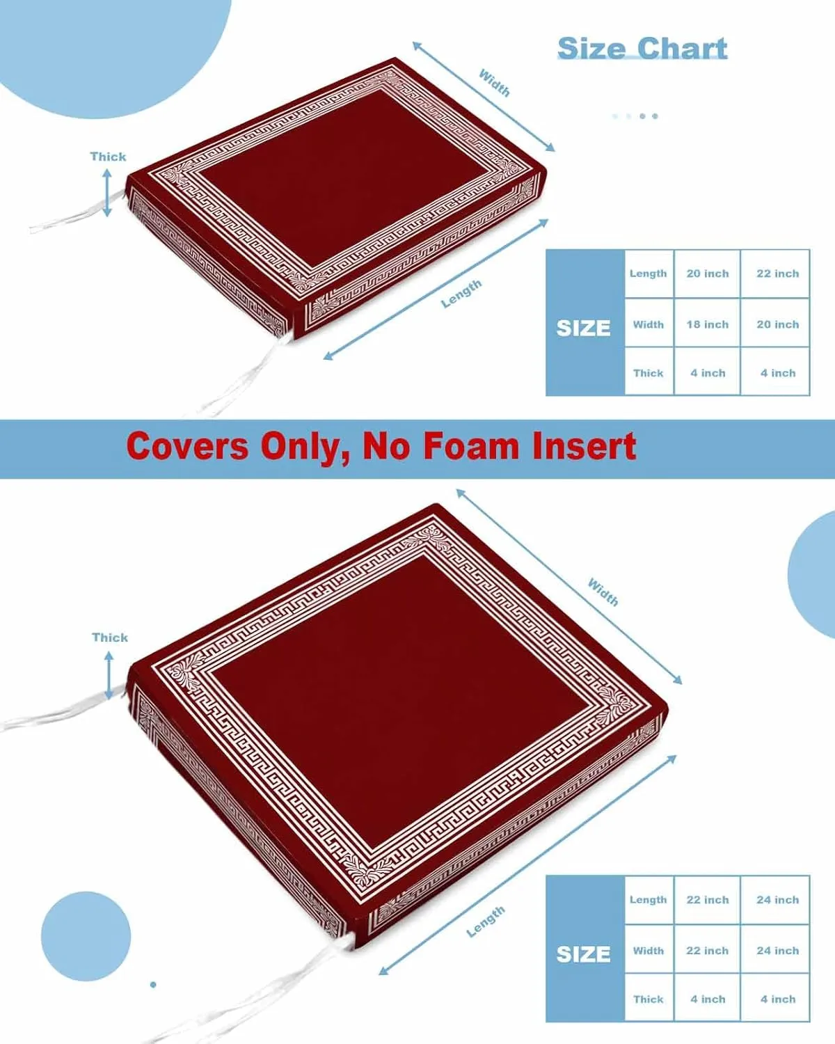 Outdoor Waterproof Cushion Covers Burgundy Red Key Pattern Replacement Stretch Seat Slipcover for Patio, Orange Back Print Geometric Chair Couch Sofa Covers Furniture Protector Set of 2,22x22IN