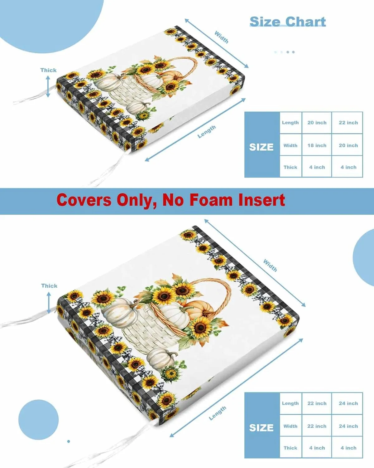 Outdoor Waterproof Cushion Covers Country Pumpkin Sunflower Replacement Stretch Seat Slipcover for Patio, Black White Plaid Bow Farmhouse Chair Couch Sofa Covers Furniture Protector Set of 2,22x22IN