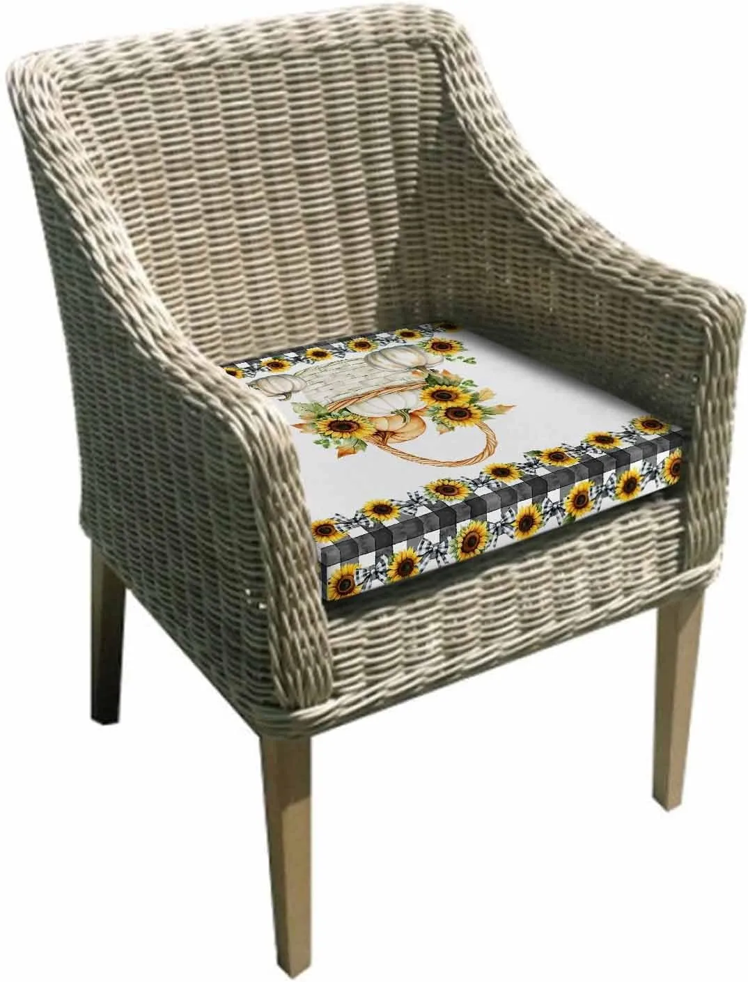 Outdoor Waterproof Cushion Covers Country Pumpkin Sunflower Replacement Stretch Seat Slipcover for Patio, Black White Plaid Bow Farmhouse Chair Couch Sofa Covers Furniture Protector Set of 2,22x22IN