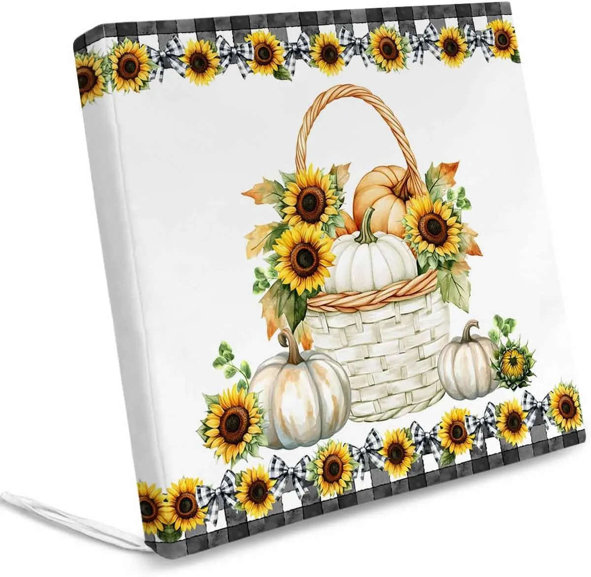 Outdoor Waterproof Cushion Covers Country Pumpkin Sunflower Replacement Stretch Seat Slipcover for Patio, Black White Plaid Bow Farmhouse Chair Couch Sofa Covers Furniture Protector Set of 2,22x22IN