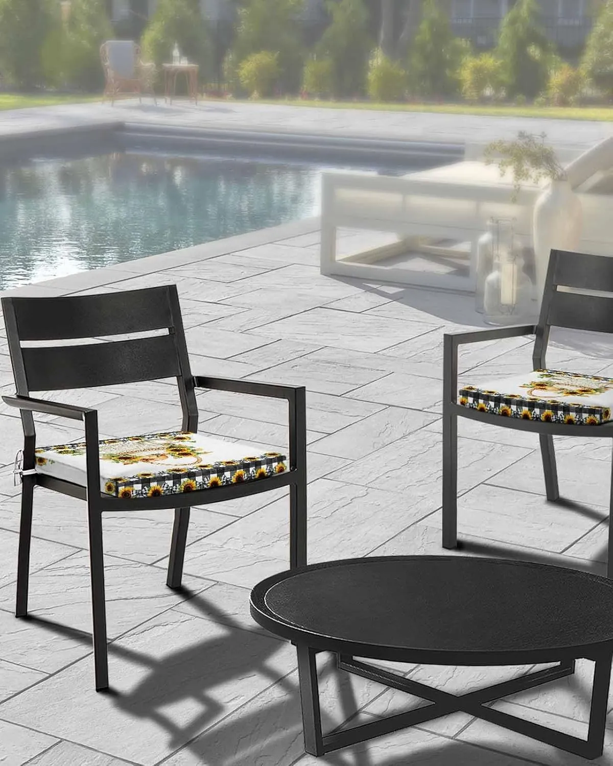 Outdoor Waterproof Cushion Covers Country Pumpkin Sunflower Replacement Stretch Seat Slipcover for Patio, Black White Plaid Bow Farmhouse Chair Couch Sofa Covers Furniture Protector Set of 2,22x22IN