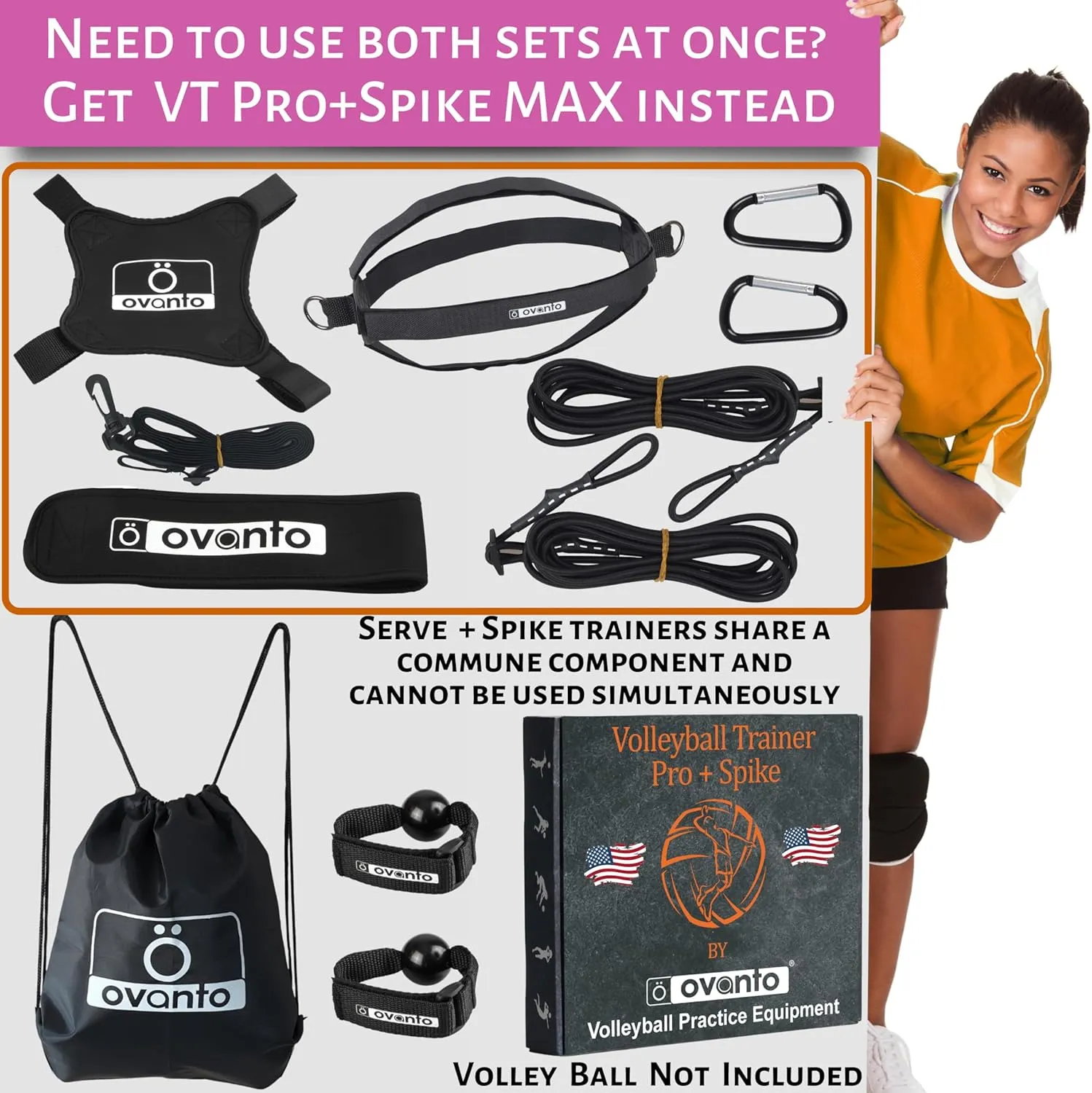 OVANTO Volleyball Training Equipment Aid – Solo Volleyball Equipment in 4 Styles to Serve, Spike, Set and Pass Like a Pro - Adjustable Volleyball Practice Equipment Gift for Beginners & Experts