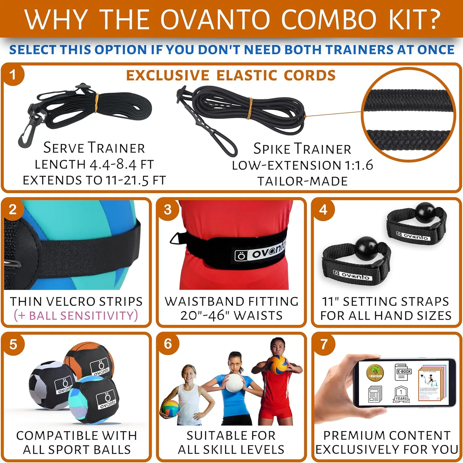 OVANTO Volleyball Training Equipment Aid – Solo Volleyball Equipment in 4 Styles to Serve, Spike, Set and Pass Like a Pro - Adjustable Volleyball Practice Equipment Gift for Beginners & Experts