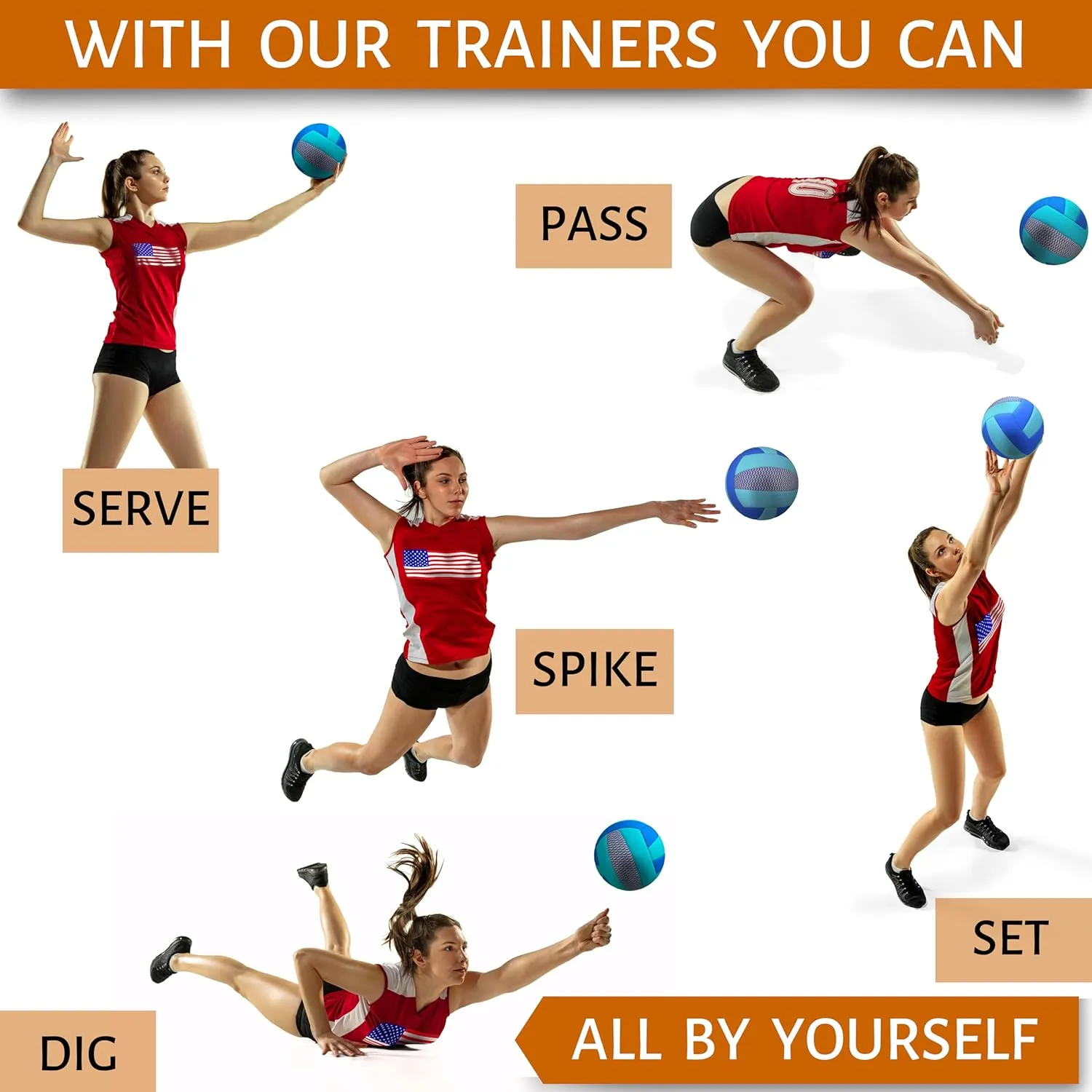 OVANTO Volleyball Training Equipment Aid – Solo Volleyball Equipment in 4 Styles to Serve, Spike, Set and Pass Like a Pro - Adjustable Volleyball Practice Equipment Gift for Beginners & Experts