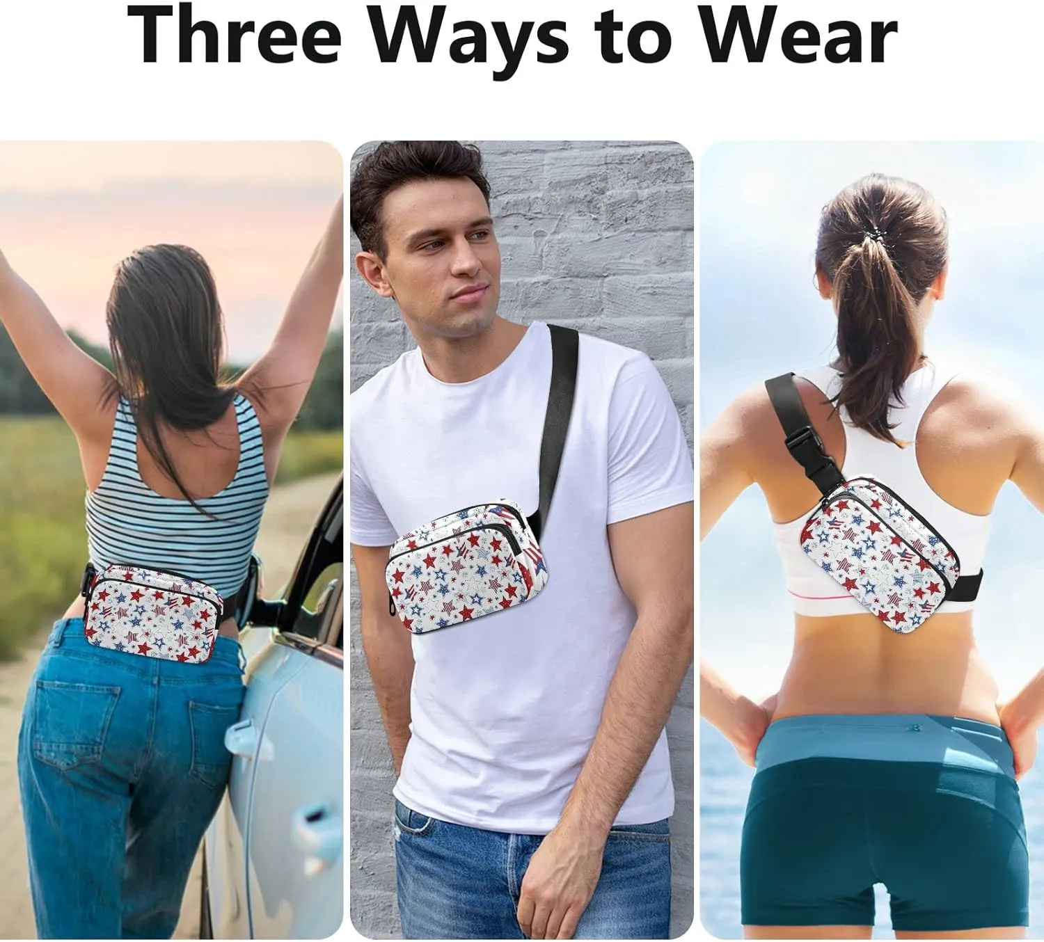 Oyihfvs American Flag Stars USA White and Blue Stars Seamless on White Adjustable Fanny Waist Pack Pouch, Waterproof Runners Sports Waist Pack Wallet for Sports Hiking Fitness Cycling Gym Women Men
