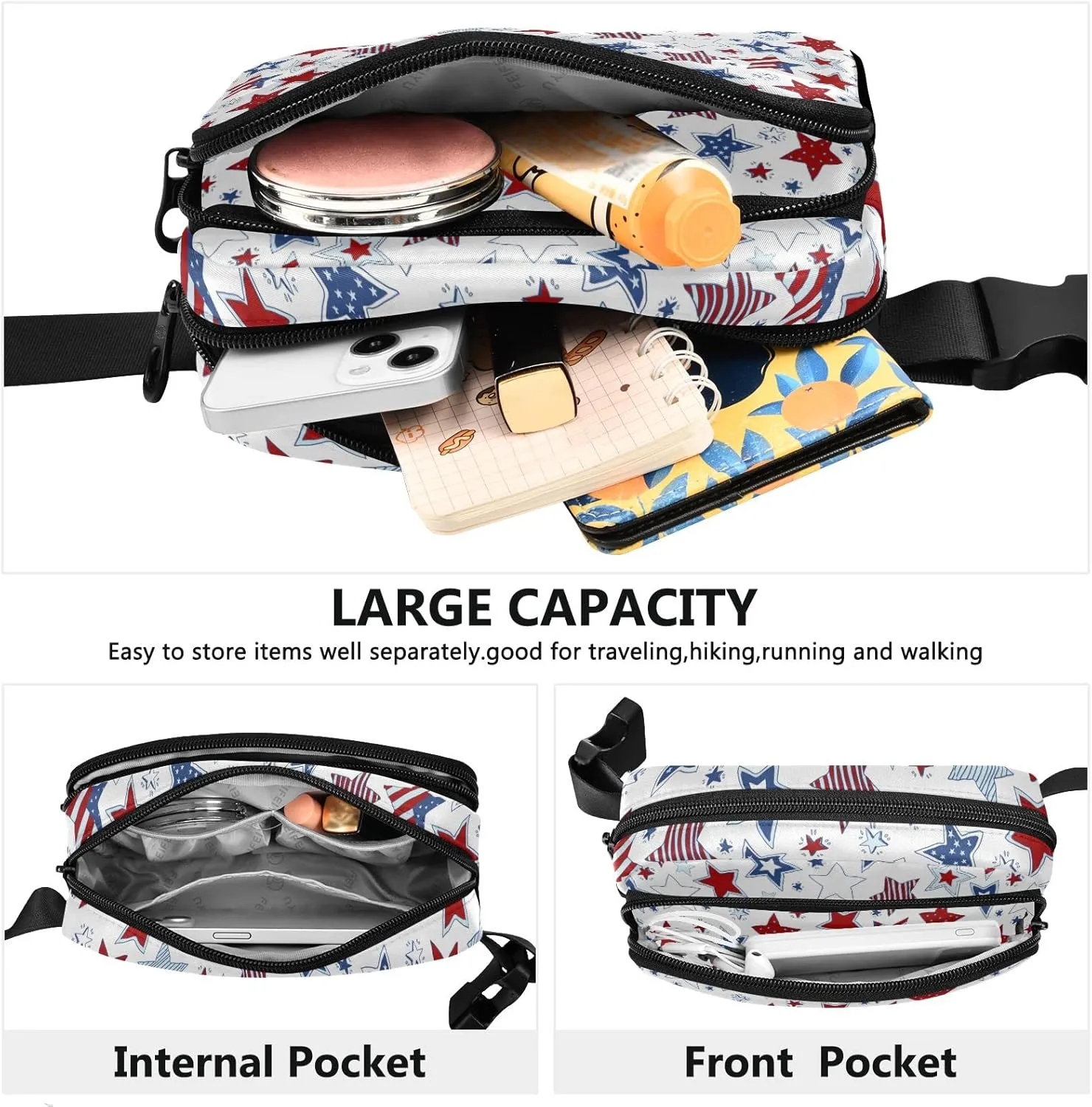 Oyihfvs American Flag Stars USA White and Blue Stars Seamless on White Adjustable Fanny Waist Pack Pouch, Waterproof Runners Sports Waist Pack Wallet for Sports Hiking Fitness Cycling Gym Women Men