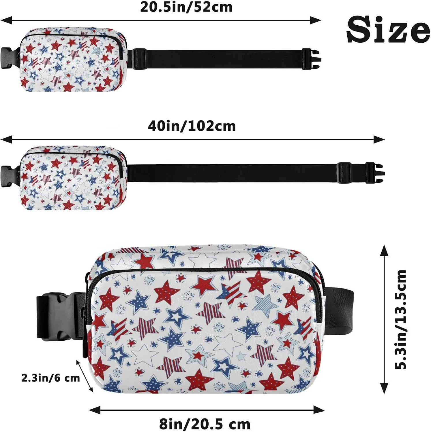 Oyihfvs American Flag Stars USA White and Blue Stars Seamless on White Adjustable Fanny Waist Pack Pouch, Waterproof Runners Sports Waist Pack Wallet for Sports Hiking Fitness Cycling Gym Women Men