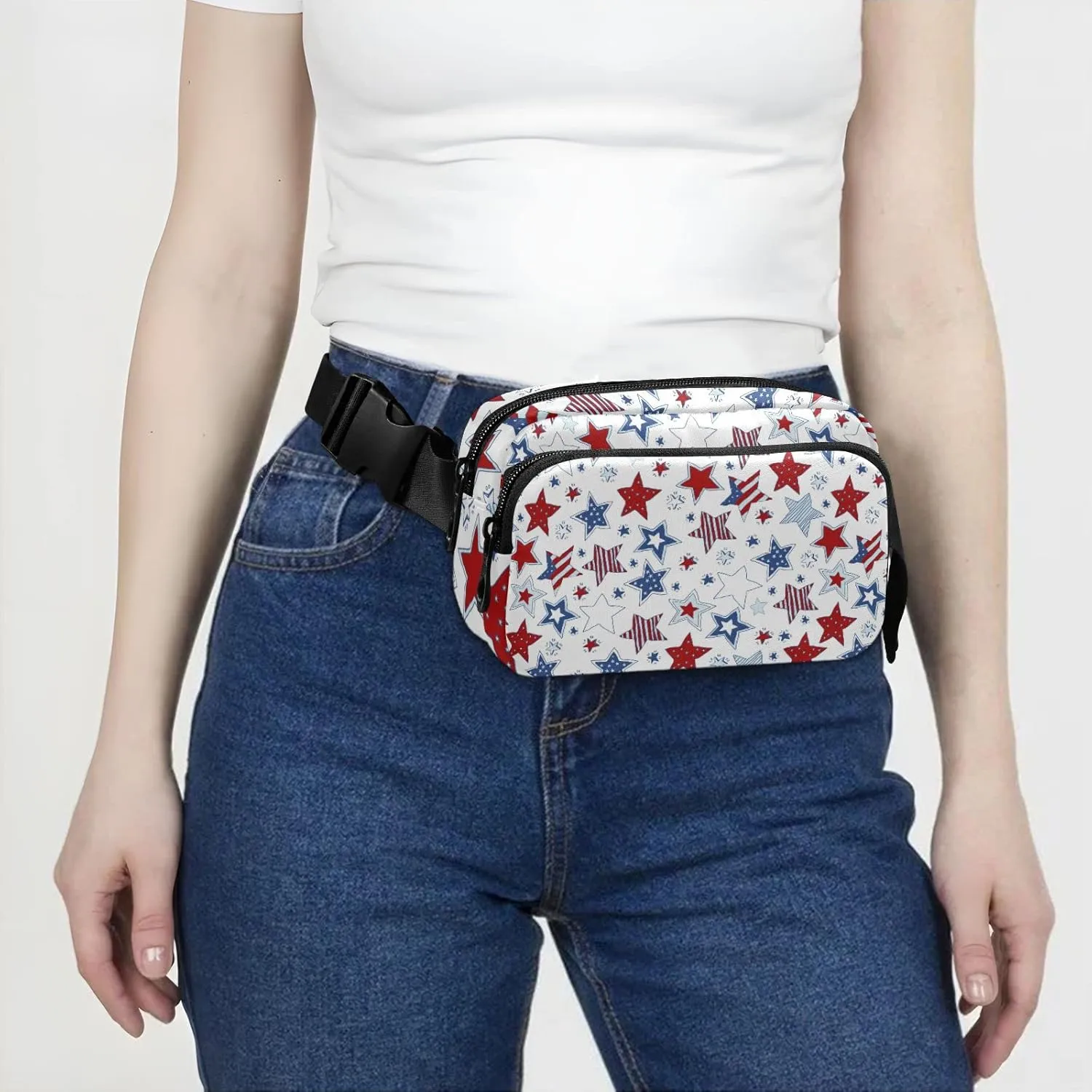 Oyihfvs American Flag Stars USA White and Blue Stars Seamless on White Adjustable Fanny Waist Pack Pouch, Waterproof Runners Sports Waist Pack Wallet for Sports Hiking Fitness Cycling Gym Women Men