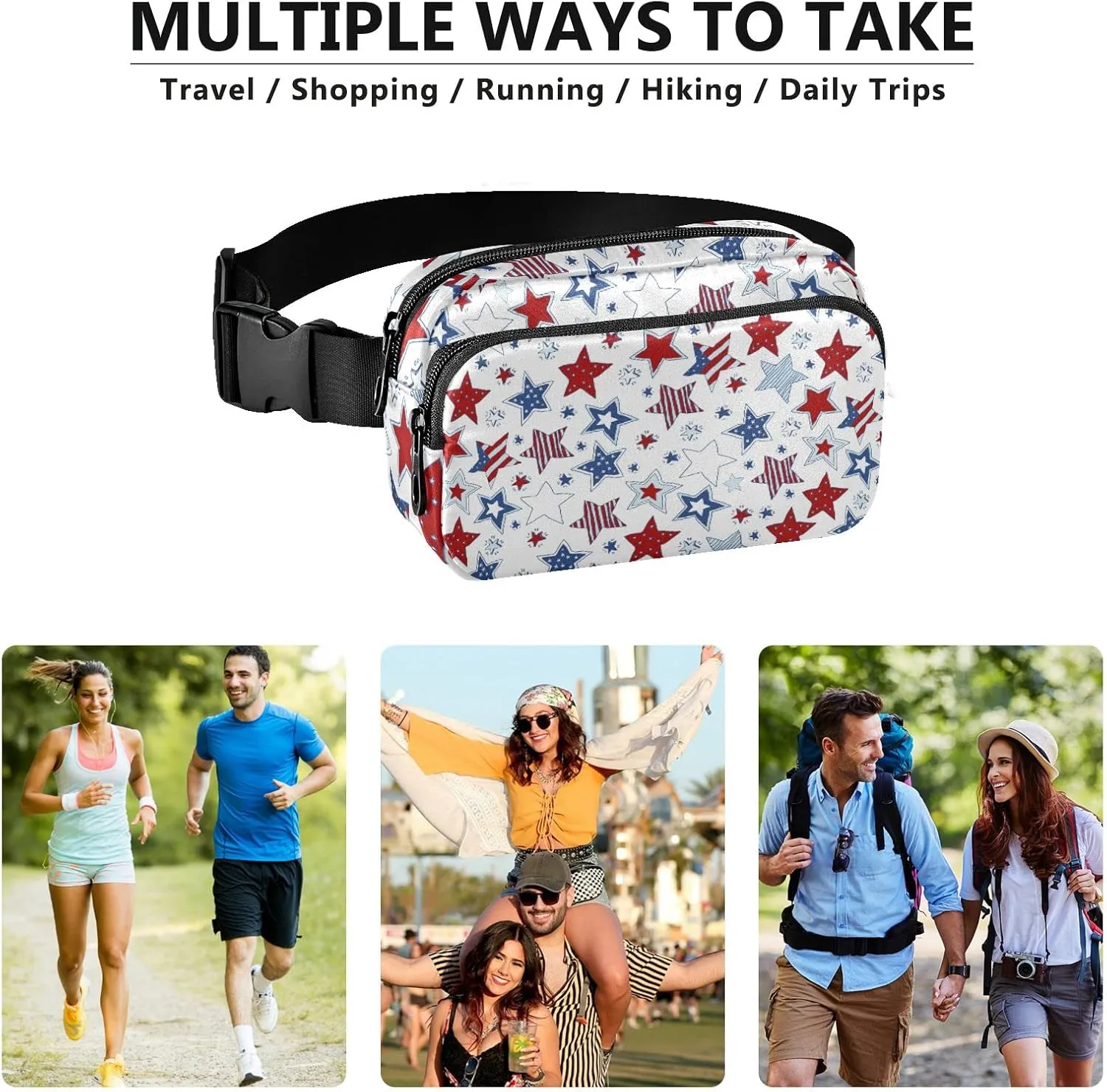 Oyihfvs American Flag Stars USA White and Blue Stars Seamless on White Adjustable Fanny Waist Pack Pouch, Waterproof Runners Sports Waist Pack Wallet for Sports Hiking Fitness Cycling Gym Women Men