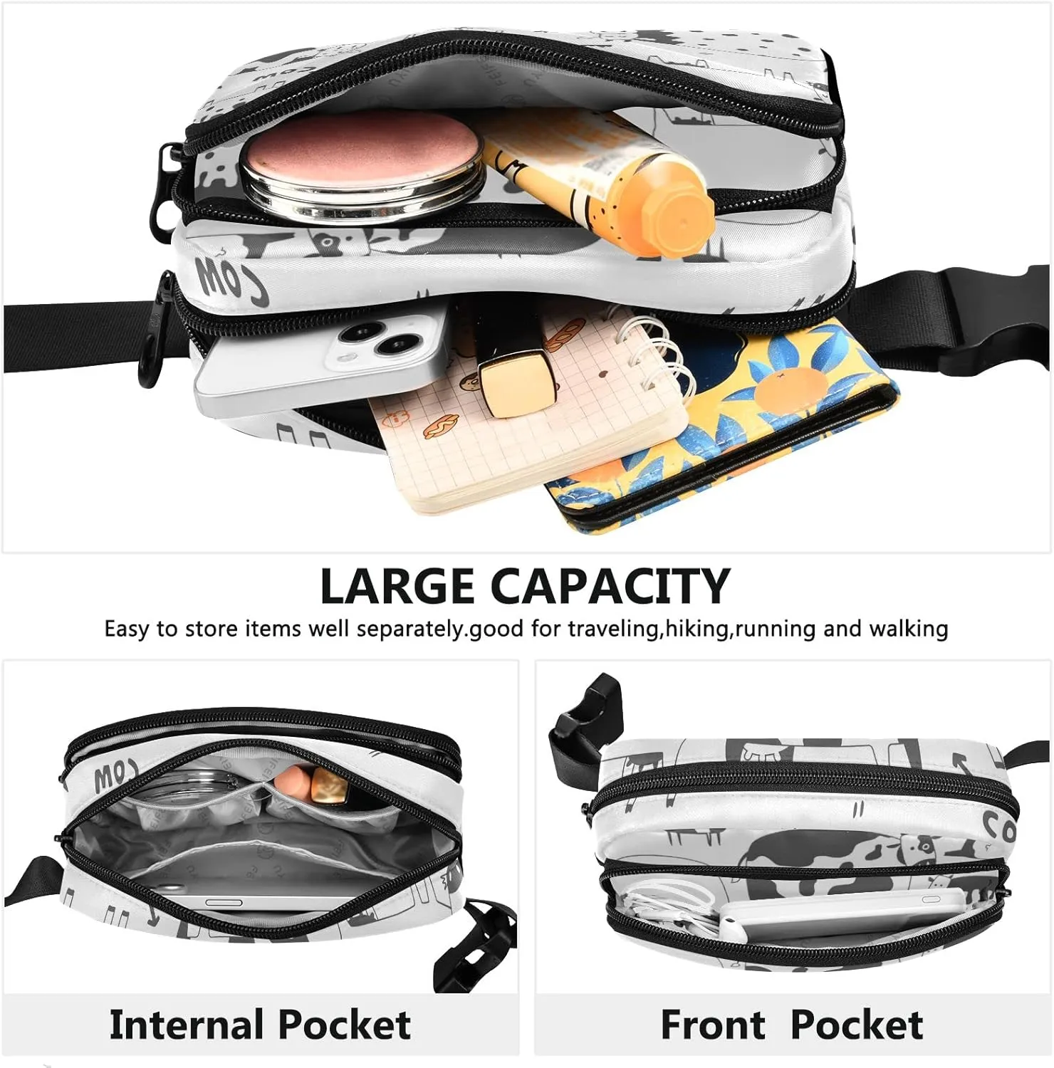 Oyihfvs Black White Cows Adjustable Fanny Waist Pack Pouch, Waterproof Runners Sports Waist Pack Wallet for Sports Hiking Fitness Cycling Gym Women Men