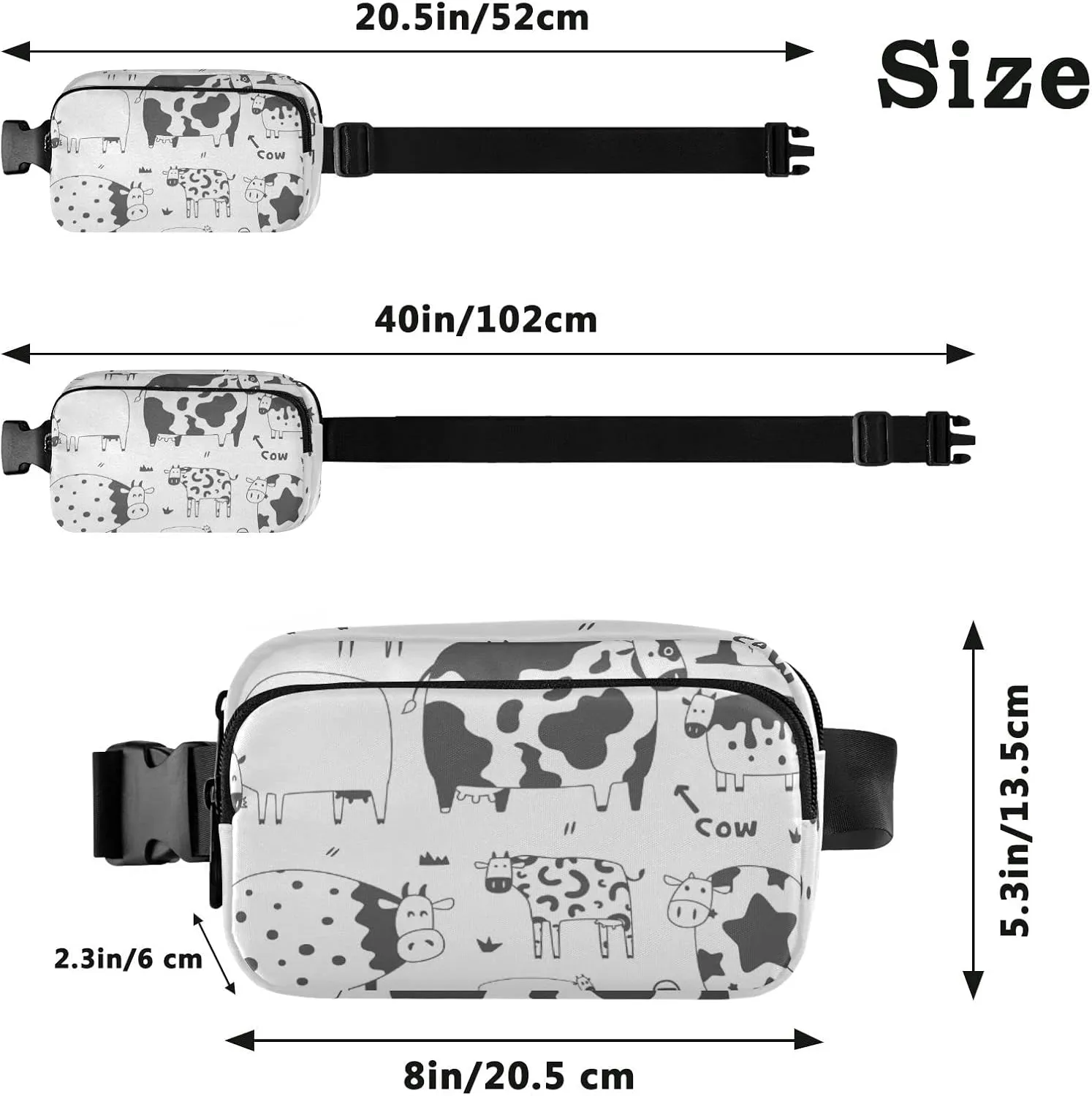 Oyihfvs Black White Cows Adjustable Fanny Waist Pack Pouch, Waterproof Runners Sports Waist Pack Wallet for Sports Hiking Fitness Cycling Gym Women Men