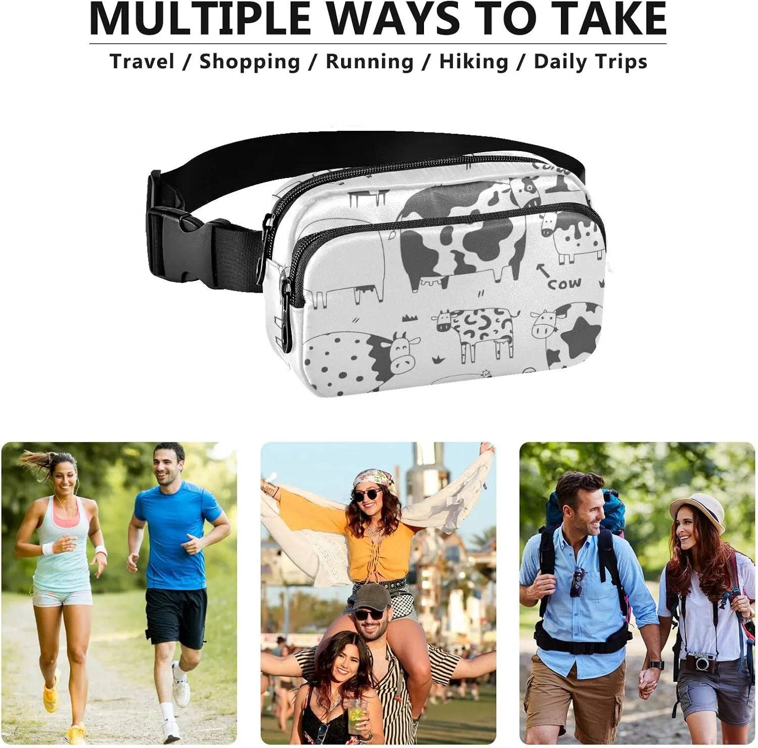Oyihfvs Black White Cows Adjustable Fanny Waist Pack Pouch, Waterproof Runners Sports Waist Pack Wallet for Sports Hiking Fitness Cycling Gym Women Men