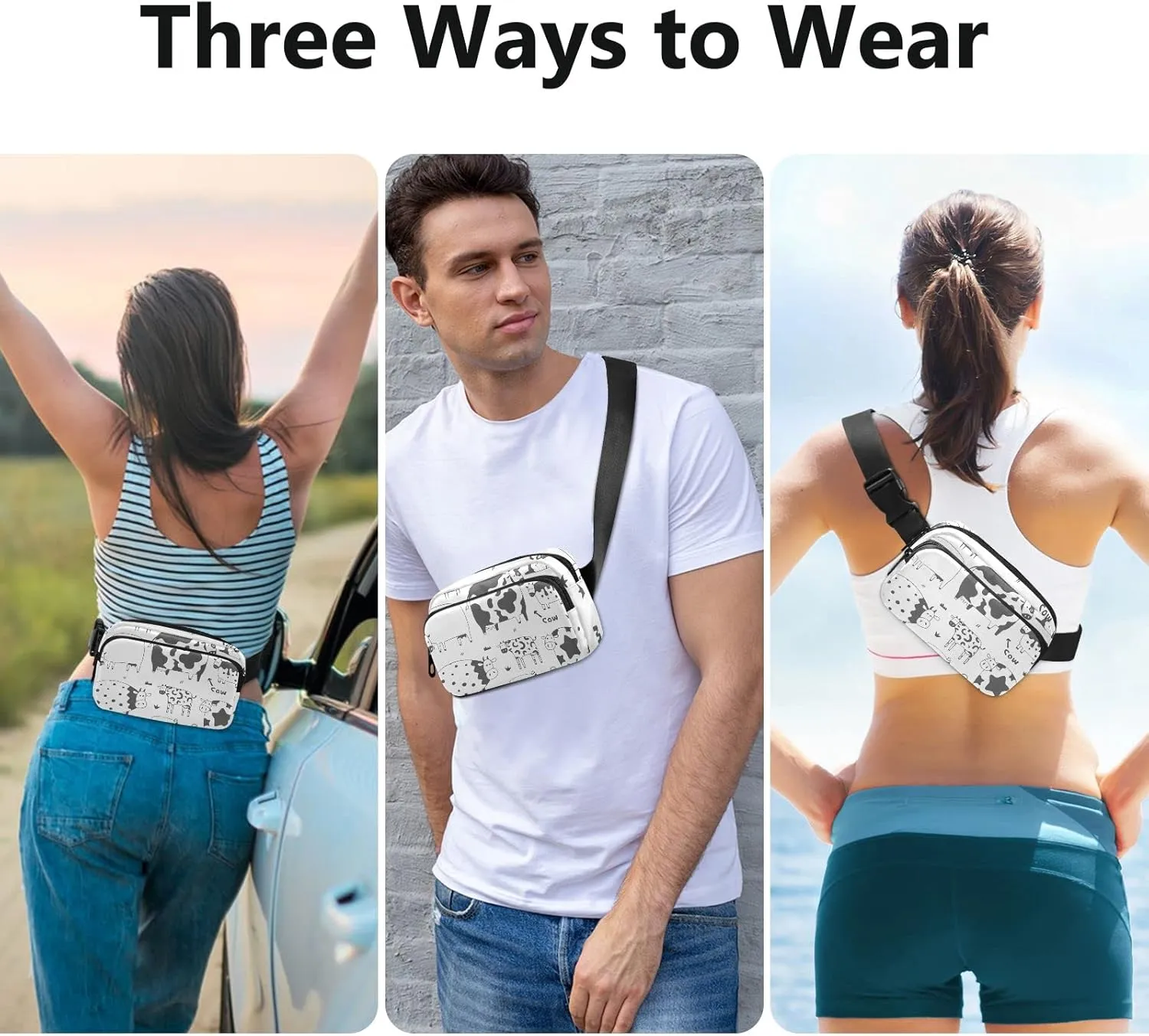 Oyihfvs Black White Cows Adjustable Fanny Waist Pack Pouch, Waterproof Runners Sports Waist Pack Wallet for Sports Hiking Fitness Cycling Gym Women Men