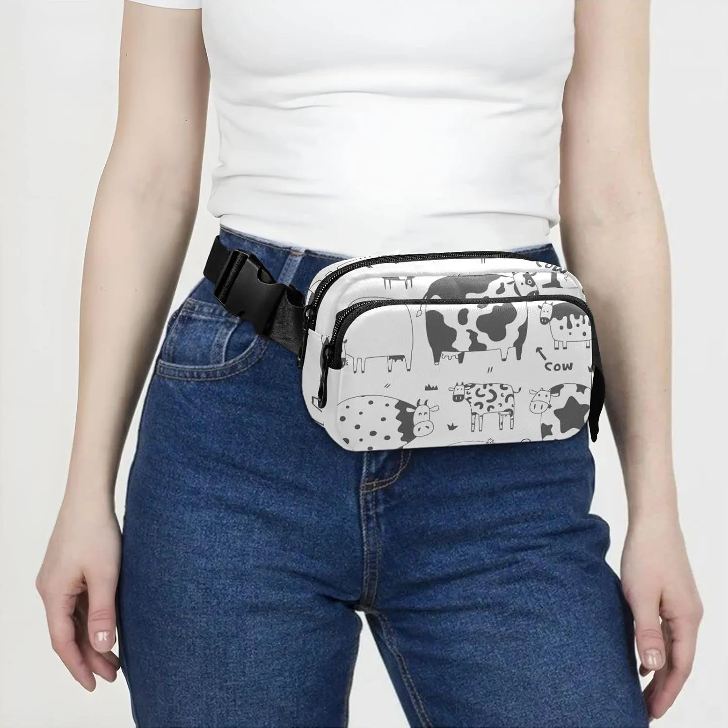Oyihfvs Black White Cows Adjustable Fanny Waist Pack Pouch, Waterproof Runners Sports Waist Pack Wallet for Sports Hiking Fitness Cycling Gym Women Men