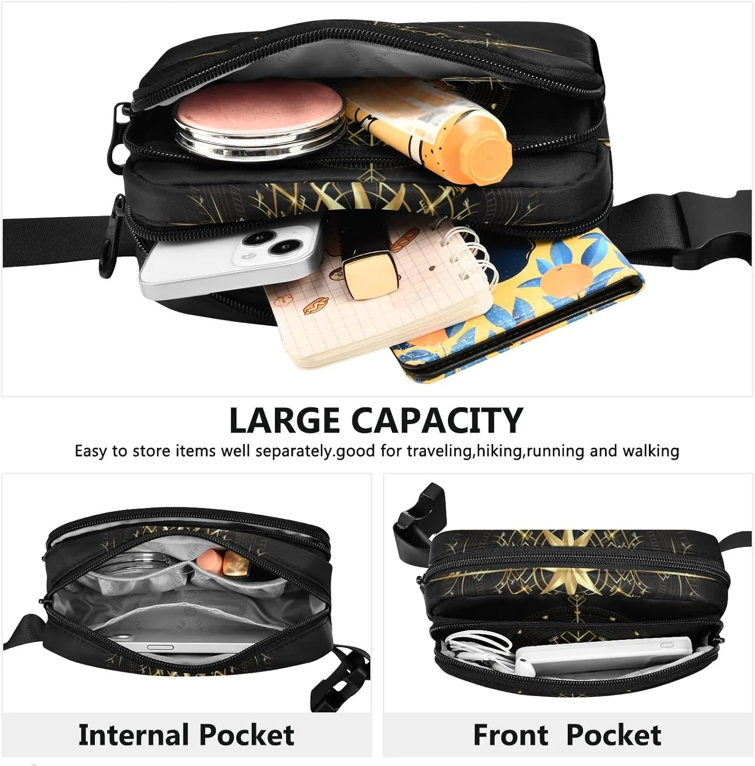 Oyihfvs Magic Ancient Wind Rose Magic Navigation Gold Compass Adjustable Fanny Waist Pack Pouch, Waterproof Runners Sports Waist Pack Wallet for Sports Hiking Fitness Cycling Gym Women Men