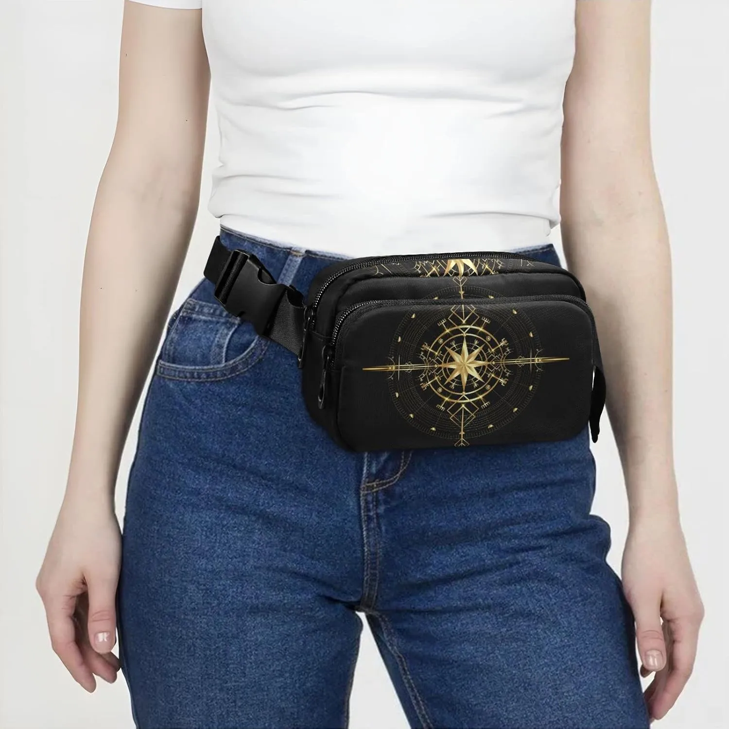 Oyihfvs Magic Ancient Wind Rose Magic Navigation Gold Compass Adjustable Fanny Waist Pack Pouch, Waterproof Runners Sports Waist Pack Wallet for Sports Hiking Fitness Cycling Gym Women Men