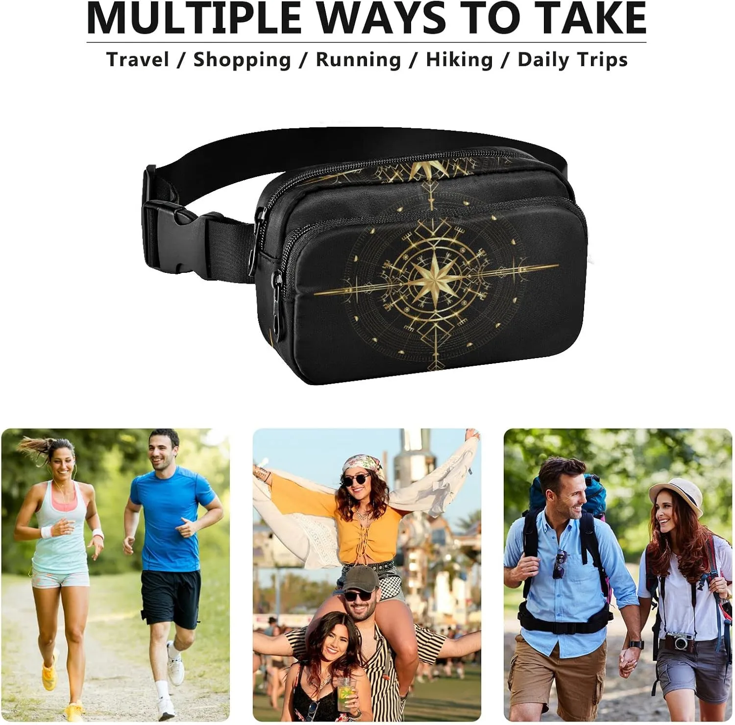 Oyihfvs Magic Ancient Wind Rose Magic Navigation Gold Compass Adjustable Fanny Waist Pack Pouch, Waterproof Runners Sports Waist Pack Wallet for Sports Hiking Fitness Cycling Gym Women Men