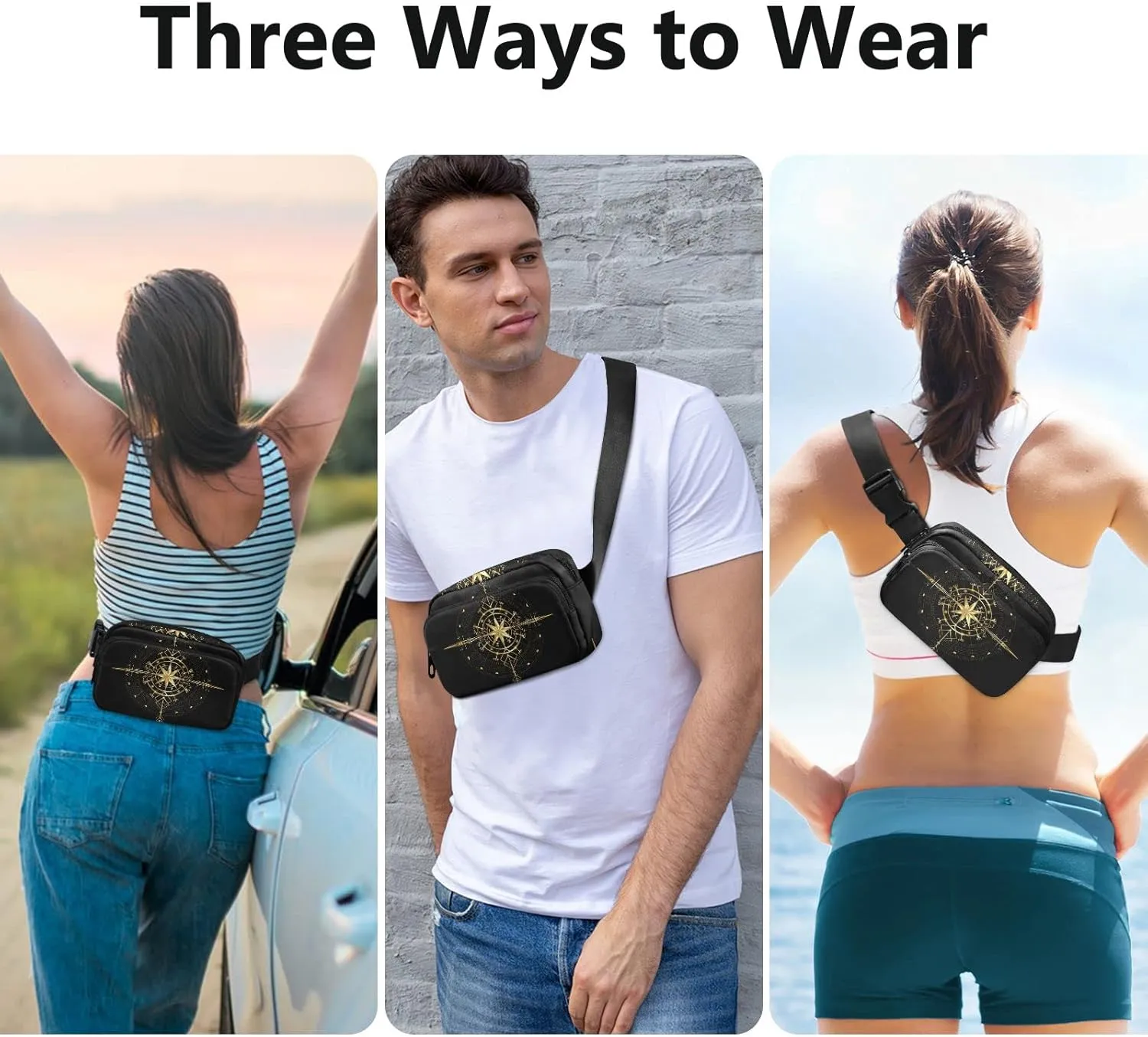 Oyihfvs Magic Ancient Wind Rose Magic Navigation Gold Compass Adjustable Fanny Waist Pack Pouch, Waterproof Runners Sports Waist Pack Wallet for Sports Hiking Fitness Cycling Gym Women Men