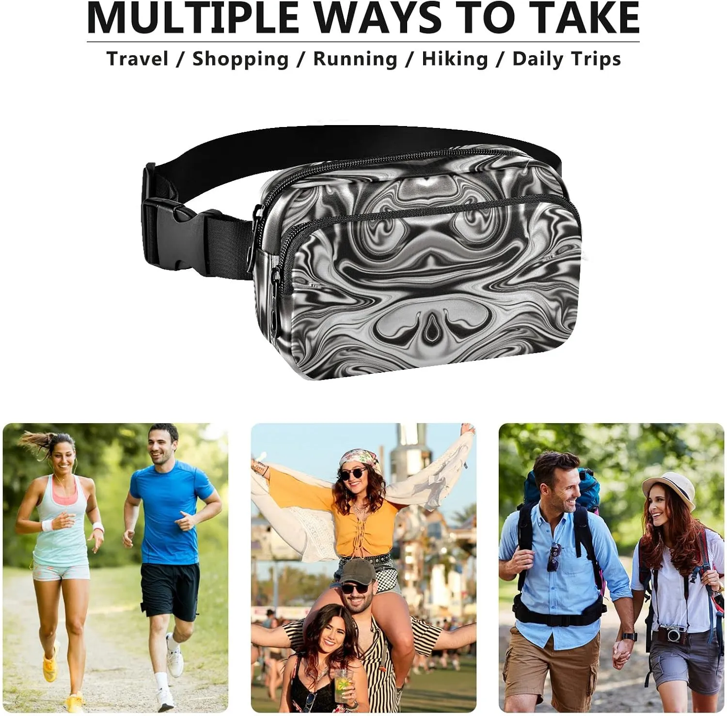 Oyihfvs Mineral, Marble Black and White with Nacre Abstract Paint Art Adjustable Fanny Waist Pack Pouch, Waterproof Runners Sports Waist Pack Wallet for Sports Hiking Fitness Cycling Gym Women Men
