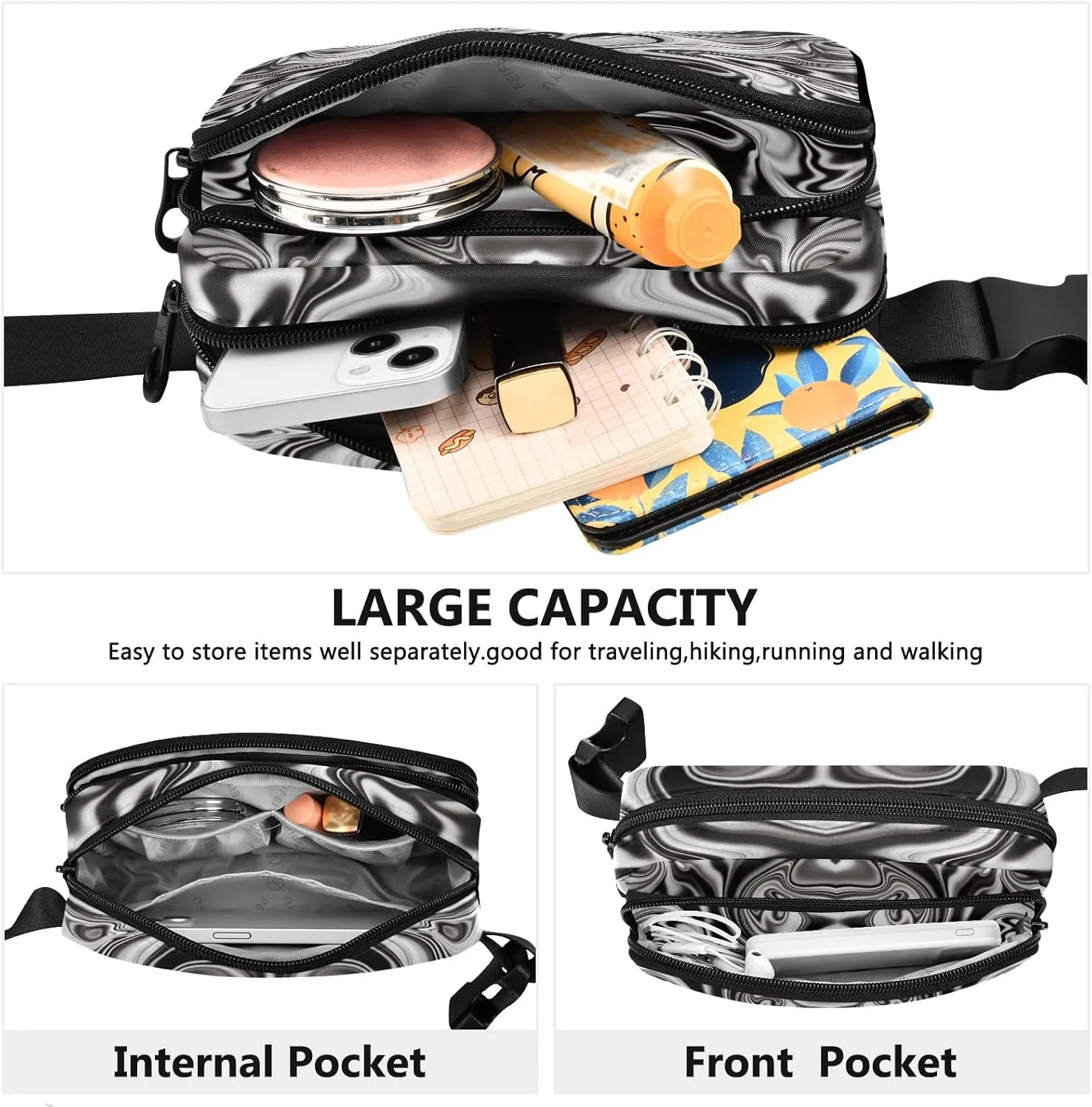 Oyihfvs Mineral, Marble Black and White with Nacre Abstract Paint Art Adjustable Fanny Waist Pack Pouch, Waterproof Runners Sports Waist Pack Wallet for Sports Hiking Fitness Cycling Gym Women Men