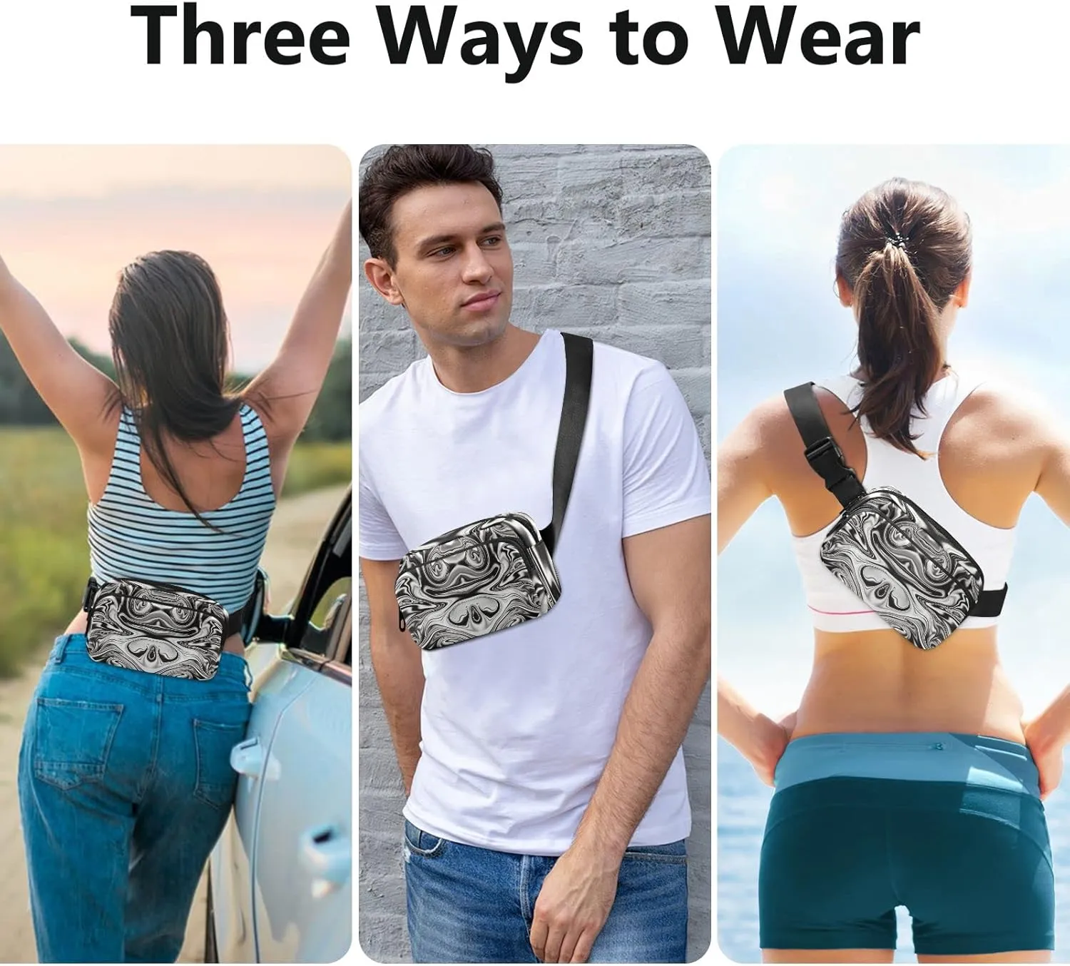 Oyihfvs Mineral, Marble Black and White with Nacre Abstract Paint Art Adjustable Fanny Waist Pack Pouch, Waterproof Runners Sports Waist Pack Wallet for Sports Hiking Fitness Cycling Gym Women Men