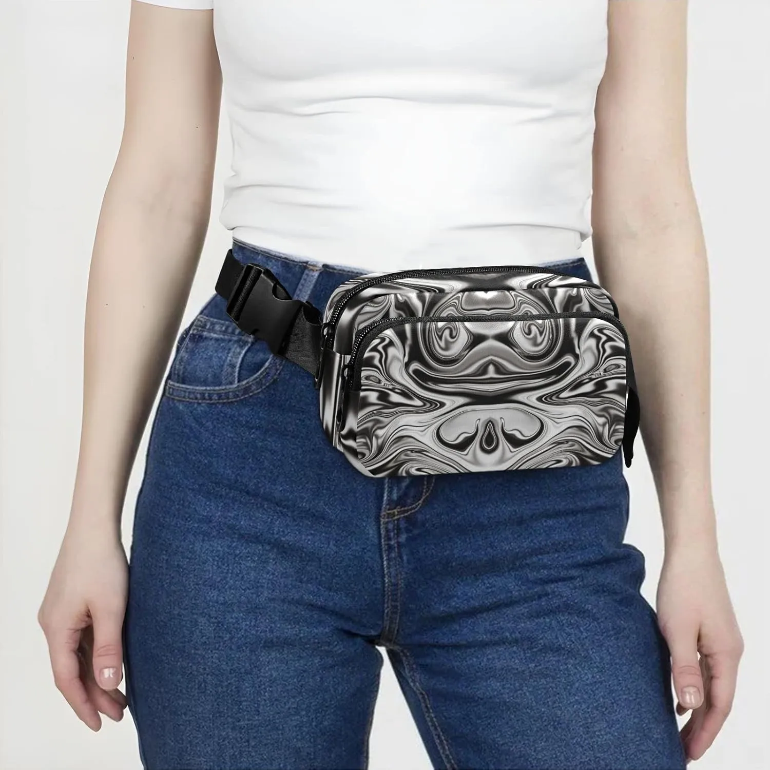 Oyihfvs Mineral, Marble Black and White with Nacre Abstract Paint Art Adjustable Fanny Waist Pack Pouch, Waterproof Runners Sports Waist Pack Wallet for Sports Hiking Fitness Cycling Gym Women Men