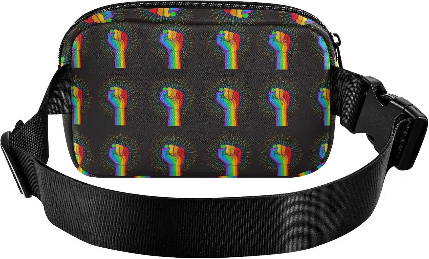 Oyihfvs Rainbow Fist Raised on Black Adjustable Fanny Waist Pack Pouch, Waterproof Runners Sports Waist Pack Wallet for Sports Hiking Fitness Cycling Gym Women Men