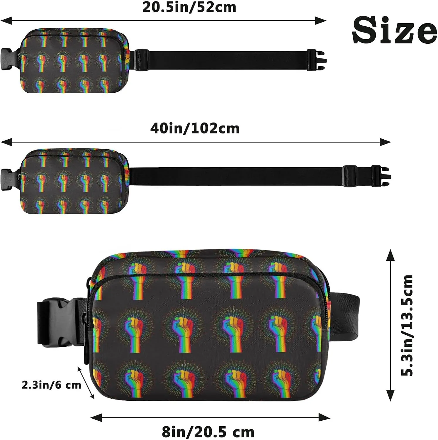 Oyihfvs Rainbow Fist Raised on Black Adjustable Fanny Waist Pack Pouch, Waterproof Runners Sports Waist Pack Wallet for Sports Hiking Fitness Cycling Gym Women Men