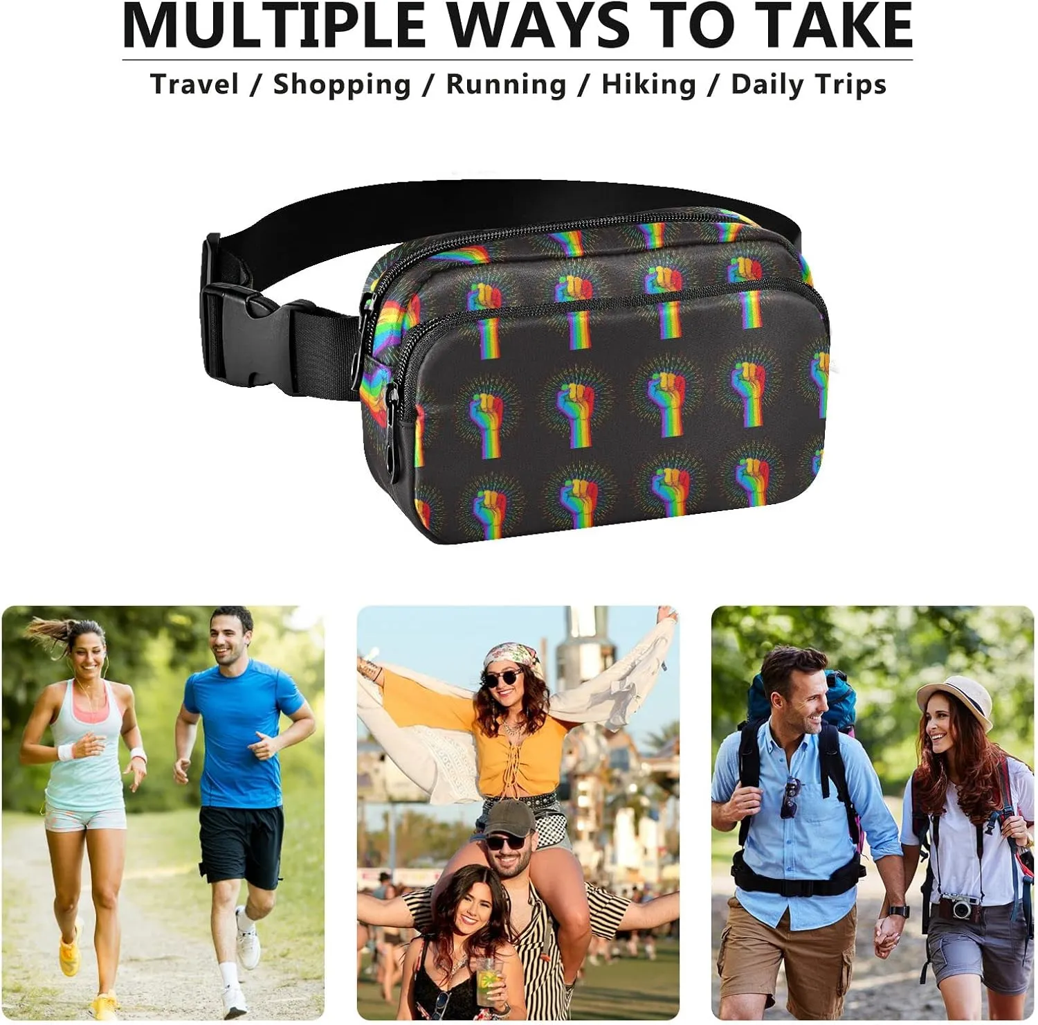 Oyihfvs Rainbow Fist Raised on Black Adjustable Fanny Waist Pack Pouch, Waterproof Runners Sports Waist Pack Wallet for Sports Hiking Fitness Cycling Gym Women Men