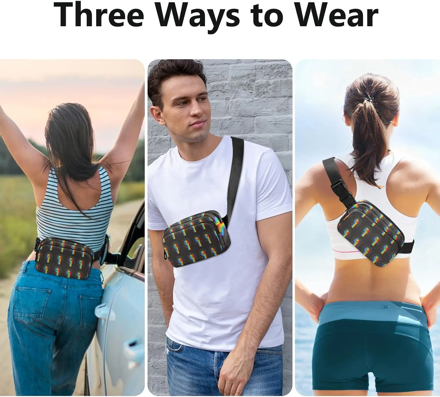 Oyihfvs Rainbow Fist Raised on Black Adjustable Fanny Waist Pack Pouch, Waterproof Runners Sports Waist Pack Wallet for Sports Hiking Fitness Cycling Gym Women Men