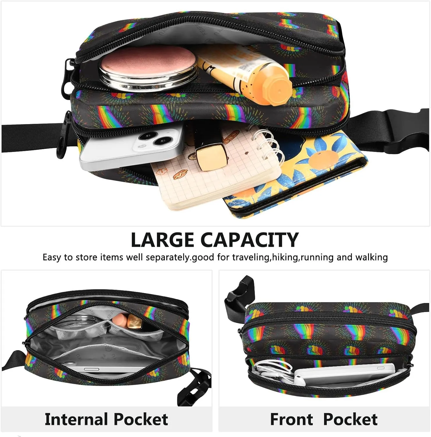 Oyihfvs Rainbow Fist Raised on Black Adjustable Fanny Waist Pack Pouch, Waterproof Runners Sports Waist Pack Wallet for Sports Hiking Fitness Cycling Gym Women Men