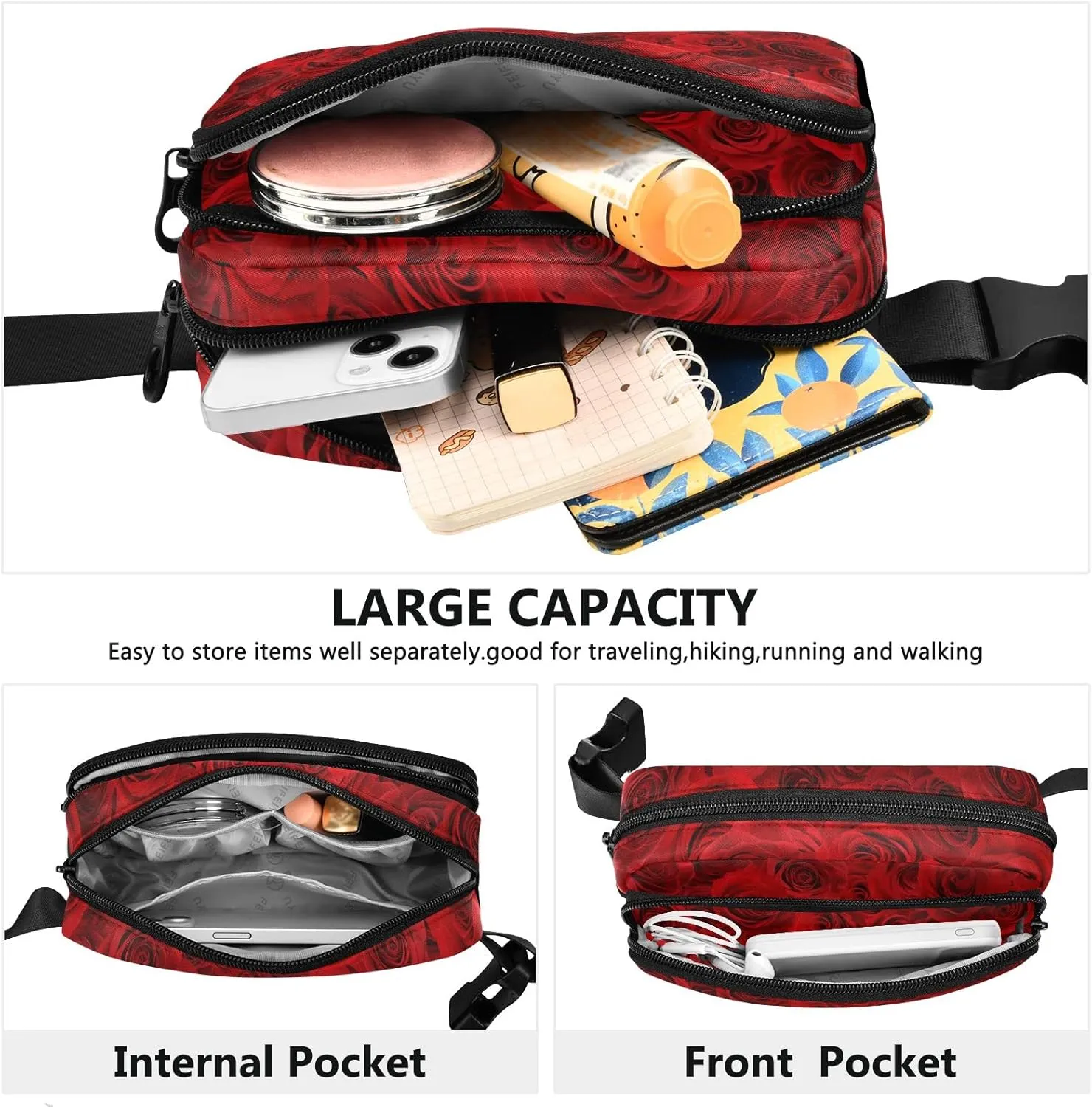 Oyihfvs Seamless Beautiful Red Roses Floral Flowers Texture Adjustable Fanny Waist Pack Pouch, Waterproof Runners Sports Waist Pack Wallet for Sports Hiking Fitness Cycling Gym Women Men