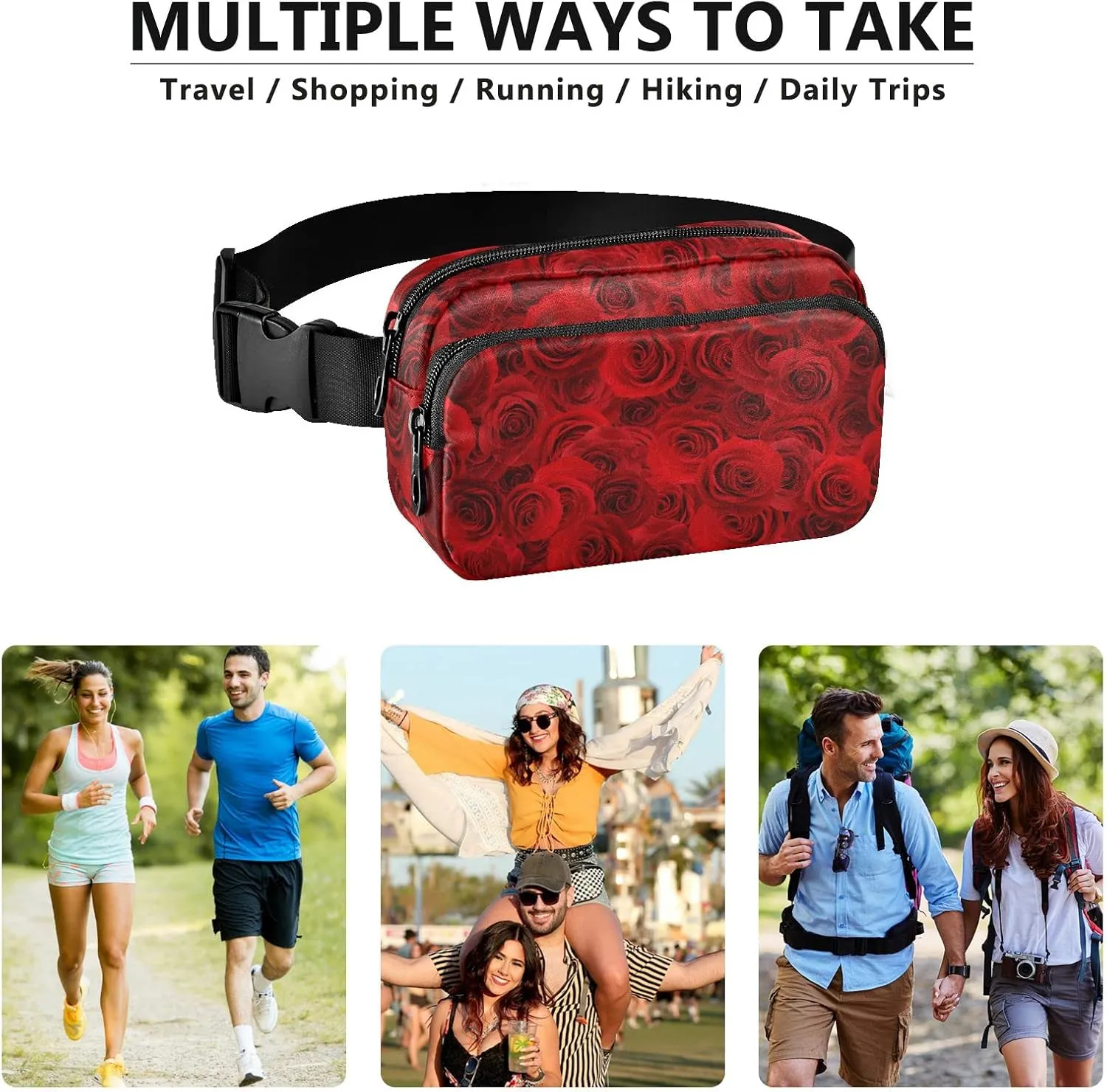 Oyihfvs Seamless Beautiful Red Roses Floral Flowers Texture Adjustable Fanny Waist Pack Pouch, Waterproof Runners Sports Waist Pack Wallet for Sports Hiking Fitness Cycling Gym Women Men
