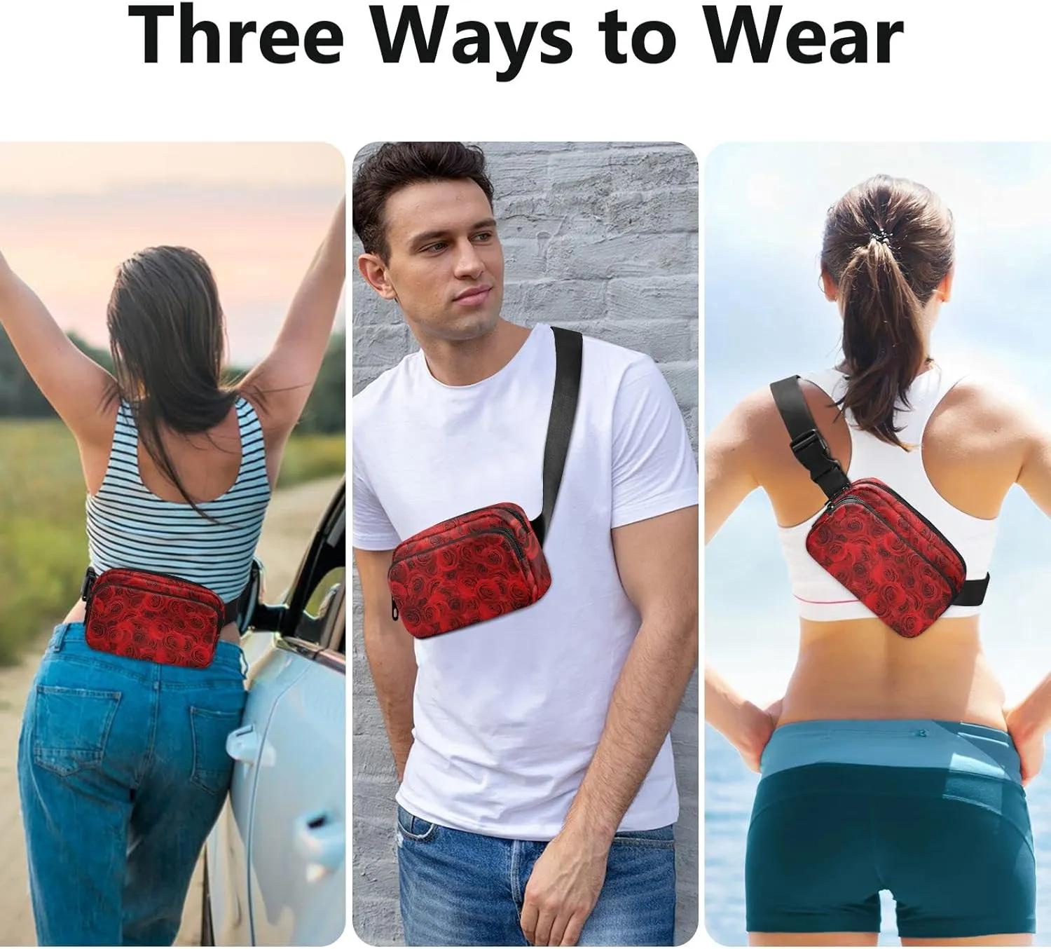 Oyihfvs Seamless Beautiful Red Roses Floral Flowers Texture Adjustable Fanny Waist Pack Pouch, Waterproof Runners Sports Waist Pack Wallet for Sports Hiking Fitness Cycling Gym Women Men