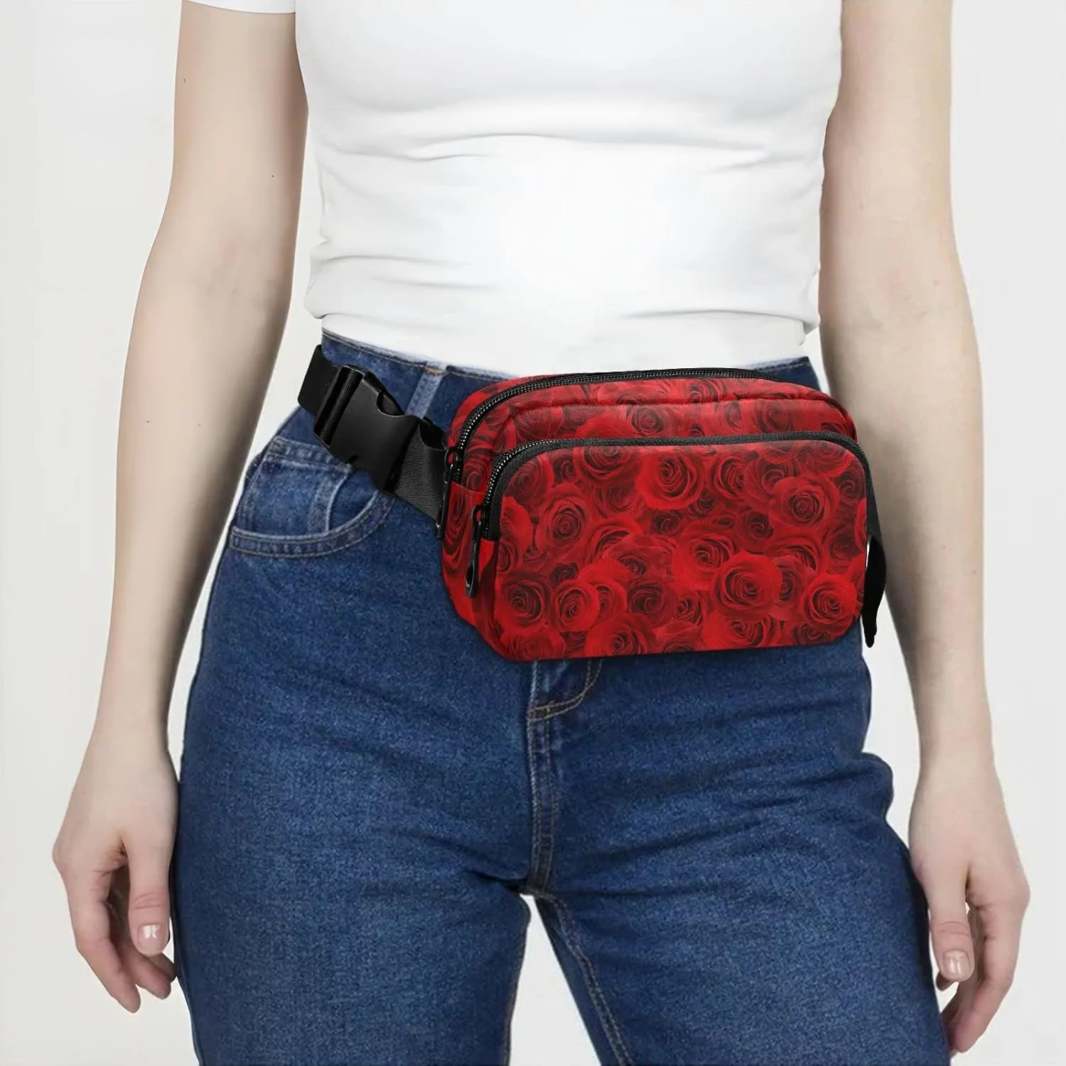 Oyihfvs Seamless Beautiful Red Roses Floral Flowers Texture Adjustable Fanny Waist Pack Pouch, Waterproof Runners Sports Waist Pack Wallet for Sports Hiking Fitness Cycling Gym Women Men
