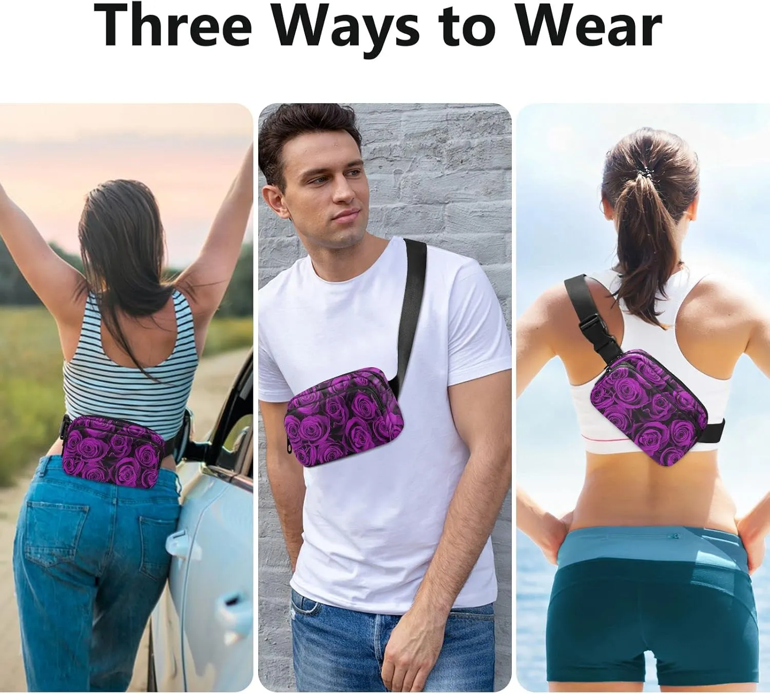 Oyihfvs Seamless Purple Rose Flowers Texture Adjustable Fanny Waist Pack Pouch, Waterproof Runners Sports Waist Pack Wallet for Sports Hiking Fitness Cycling Gym Women Men