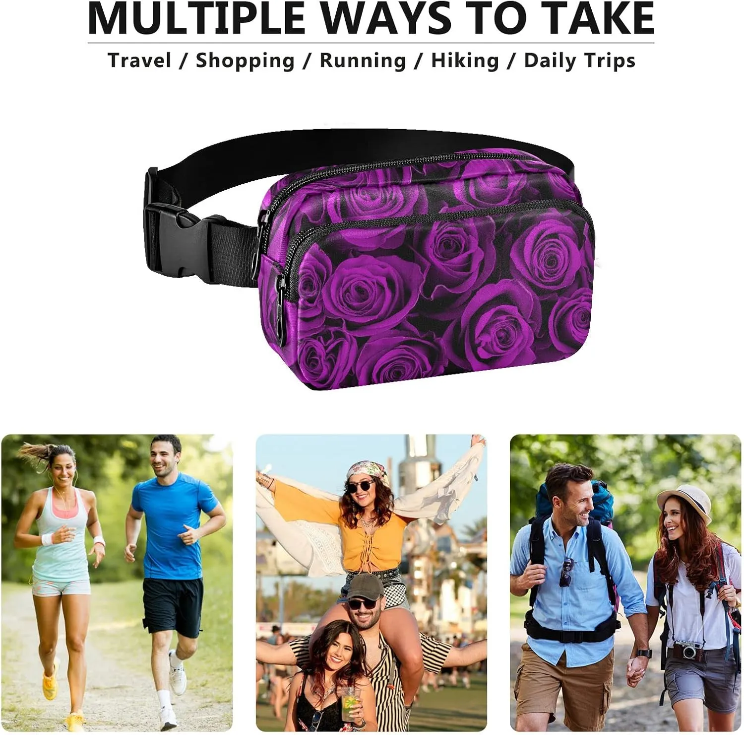 Oyihfvs Seamless Purple Rose Flowers Texture Adjustable Fanny Waist Pack Pouch, Waterproof Runners Sports Waist Pack Wallet for Sports Hiking Fitness Cycling Gym Women Men
