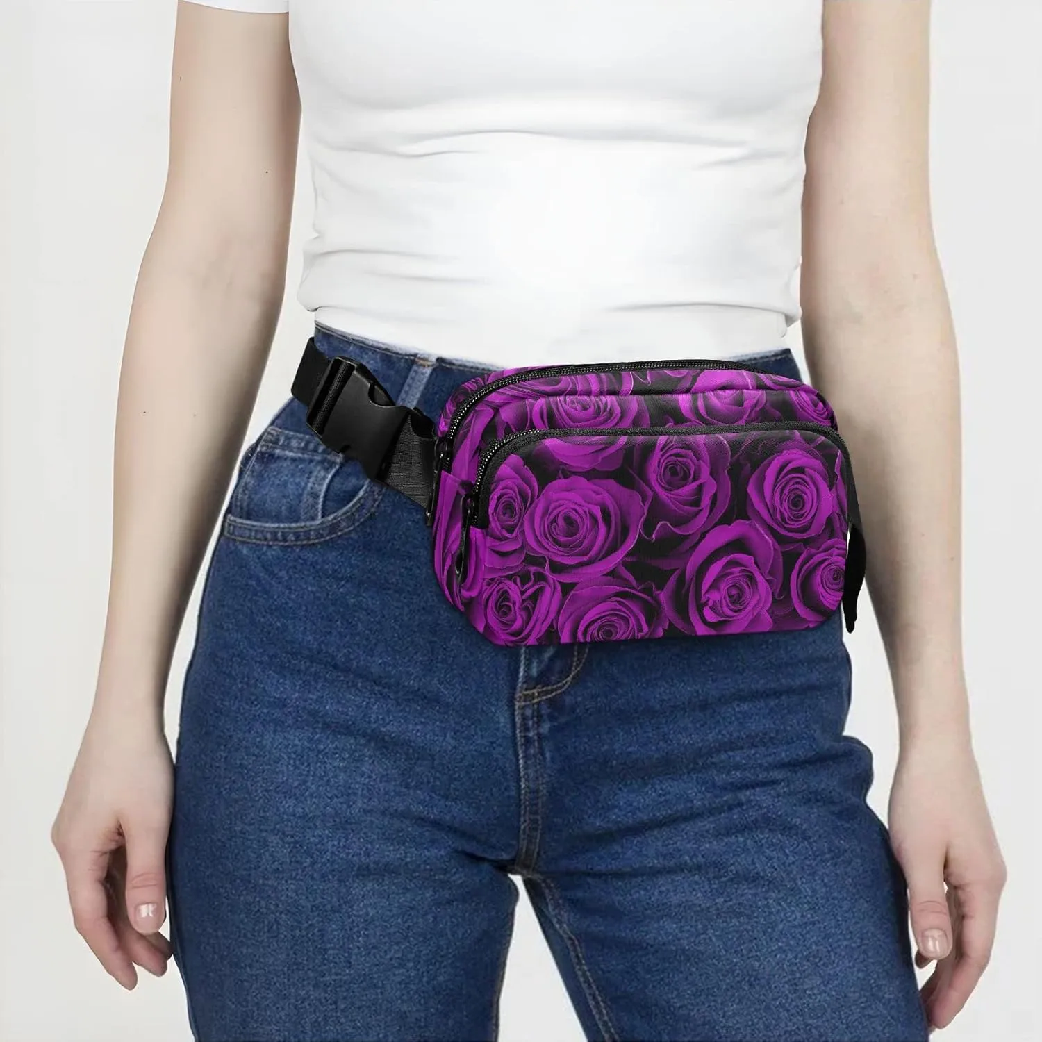 Oyihfvs Seamless Purple Rose Flowers Texture Adjustable Fanny Waist Pack Pouch, Waterproof Runners Sports Waist Pack Wallet for Sports Hiking Fitness Cycling Gym Women Men
