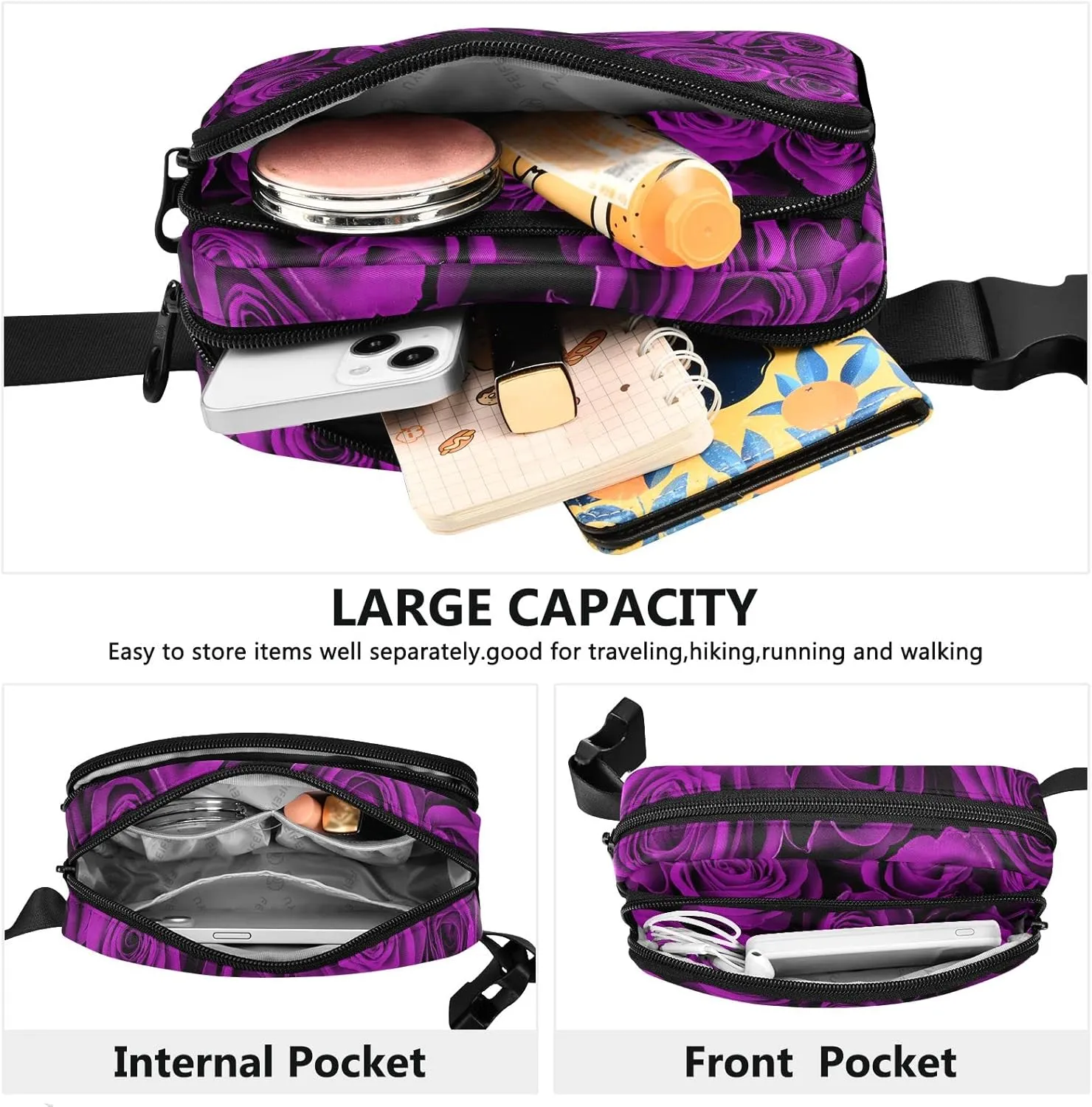 Oyihfvs Seamless Purple Rose Flowers Texture Adjustable Fanny Waist Pack Pouch, Waterproof Runners Sports Waist Pack Wallet for Sports Hiking Fitness Cycling Gym Women Men