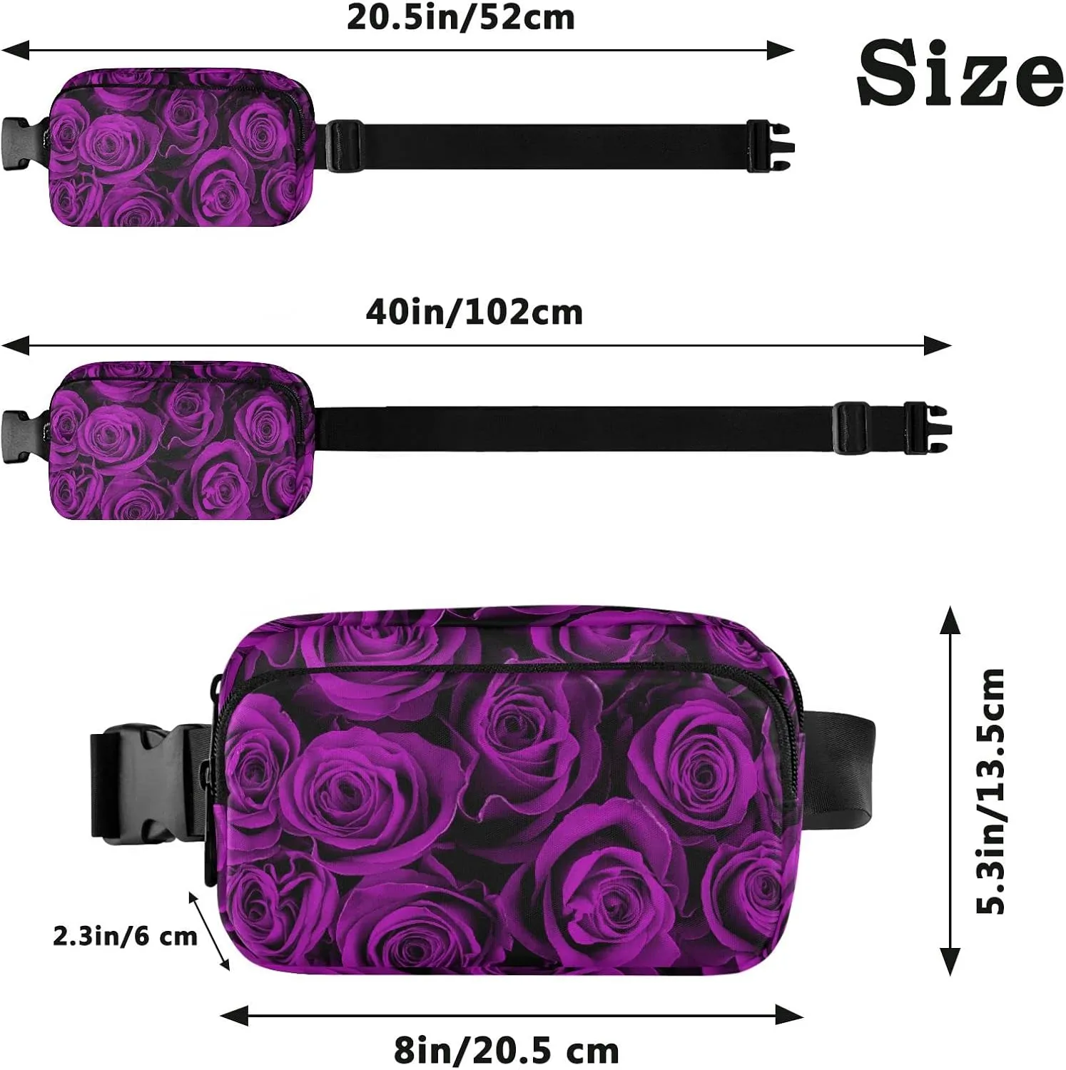 Oyihfvs Seamless Purple Rose Flowers Texture Adjustable Fanny Waist Pack Pouch, Waterproof Runners Sports Waist Pack Wallet for Sports Hiking Fitness Cycling Gym Women Men