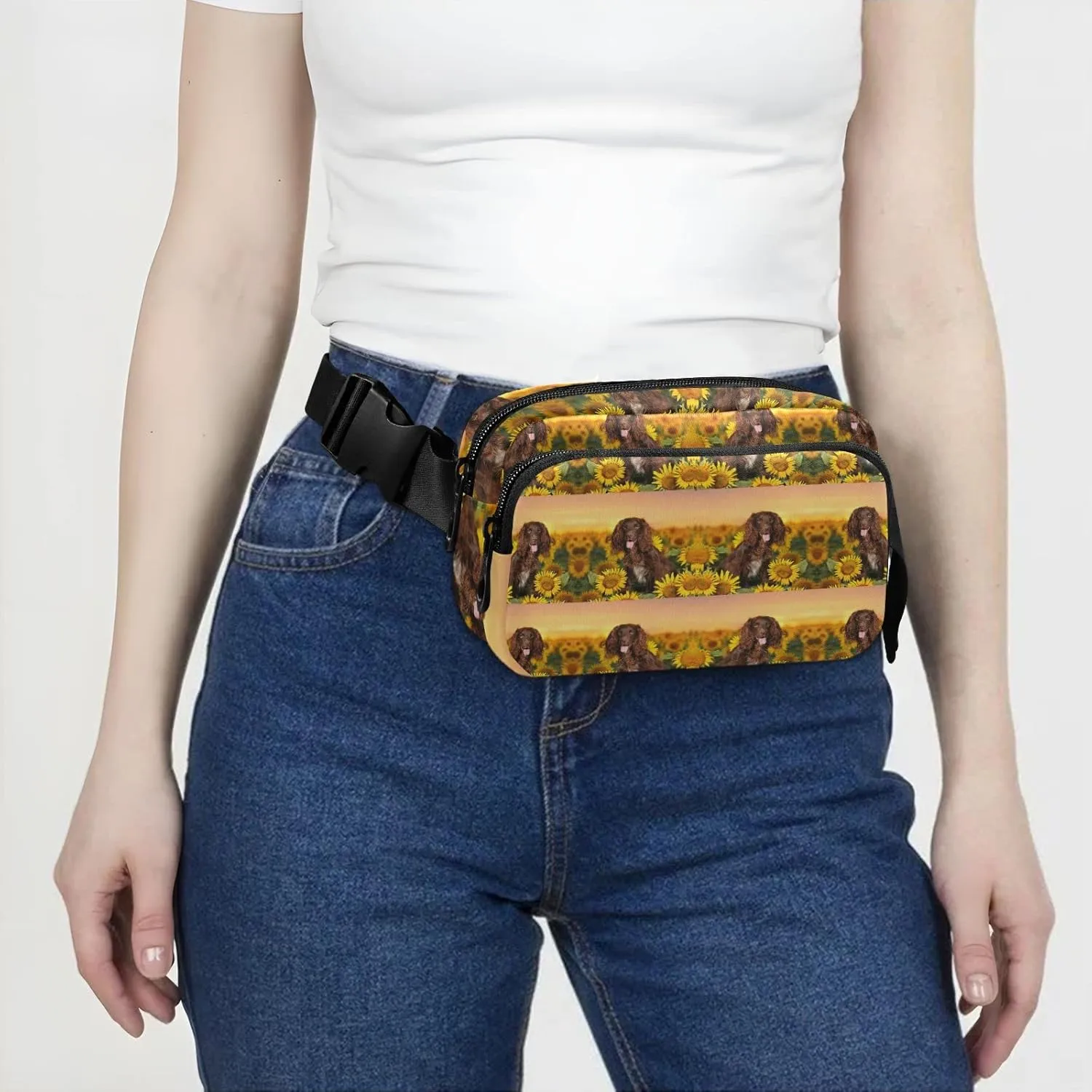 Oyihfvs Spaniel at Yellow Sunflowers Field Against Sundown Sunset Light Adjustable Fanny Waist Pack Pouch, Waterproof Runners Sports Waist Pack Wallet for Sports Hiking Fitness Cycling Gym Women Men