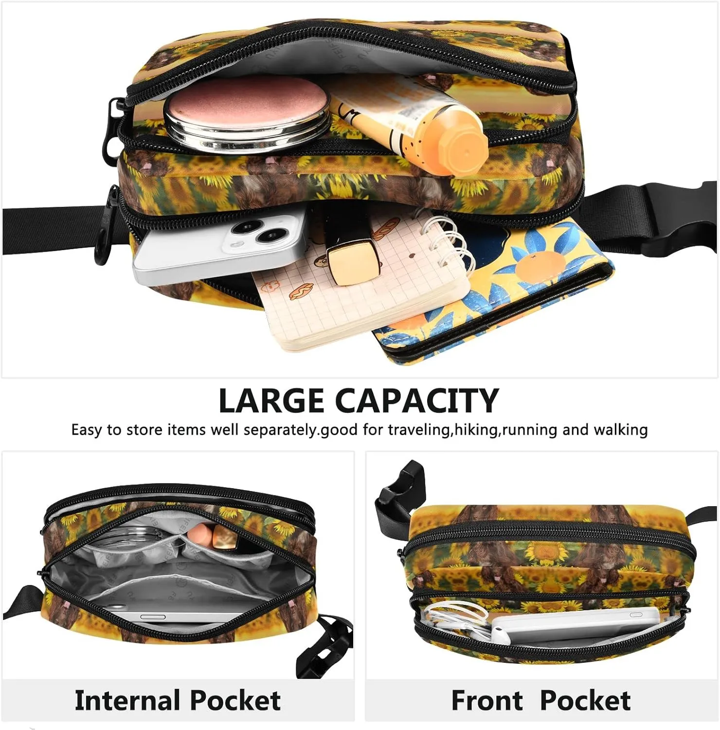Oyihfvs Spaniel at Yellow Sunflowers Field Against Sundown Sunset Light Adjustable Fanny Waist Pack Pouch, Waterproof Runners Sports Waist Pack Wallet for Sports Hiking Fitness Cycling Gym Women Men