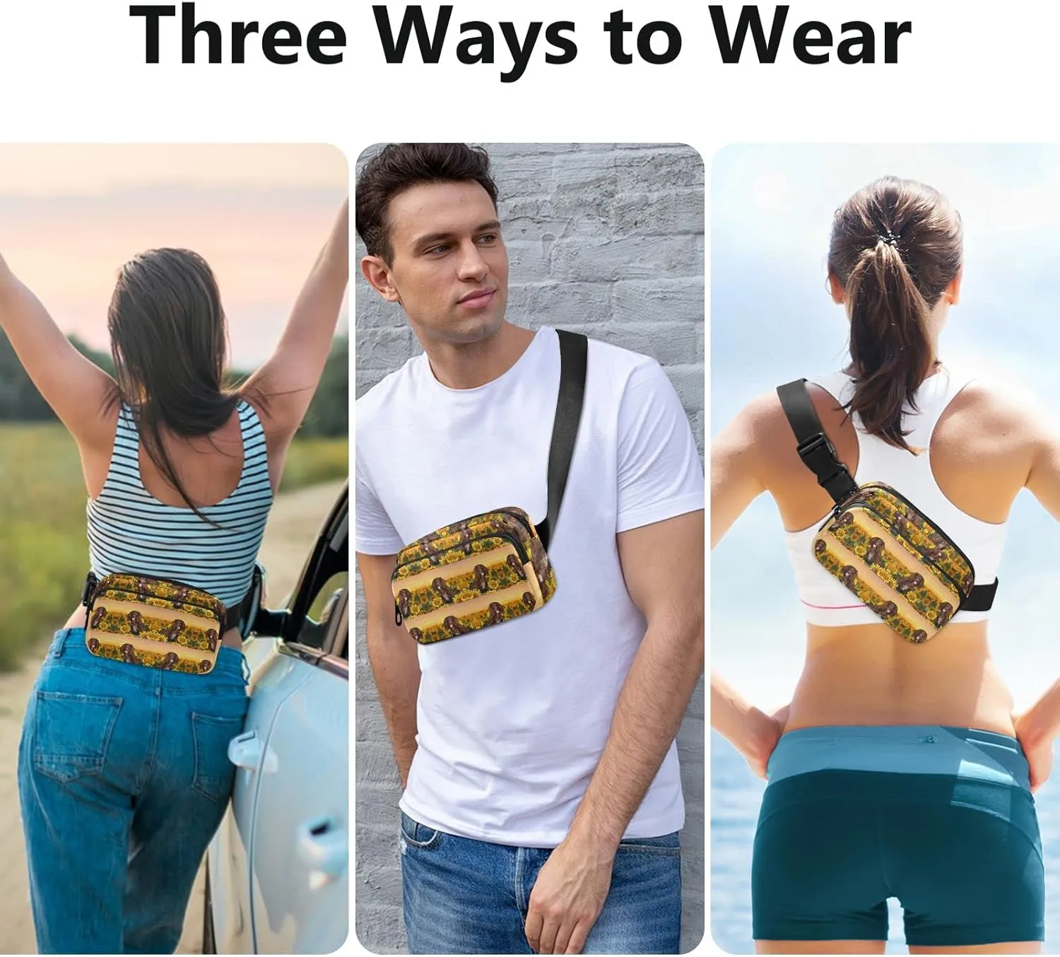 Oyihfvs Spaniel at Yellow Sunflowers Field Against Sundown Sunset Light Adjustable Fanny Waist Pack Pouch, Waterproof Runners Sports Waist Pack Wallet for Sports Hiking Fitness Cycling Gym Women Men