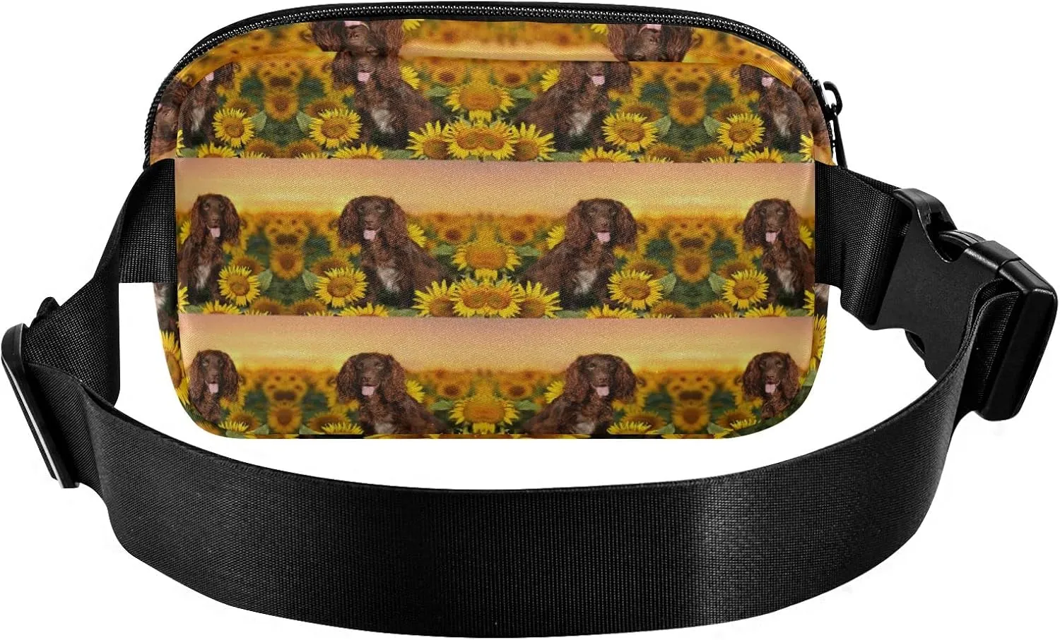 Oyihfvs Spaniel at Yellow Sunflowers Field Against Sundown Sunset Light Adjustable Fanny Waist Pack Pouch, Waterproof Runners Sports Waist Pack Wallet for Sports Hiking Fitness Cycling Gym Women Men