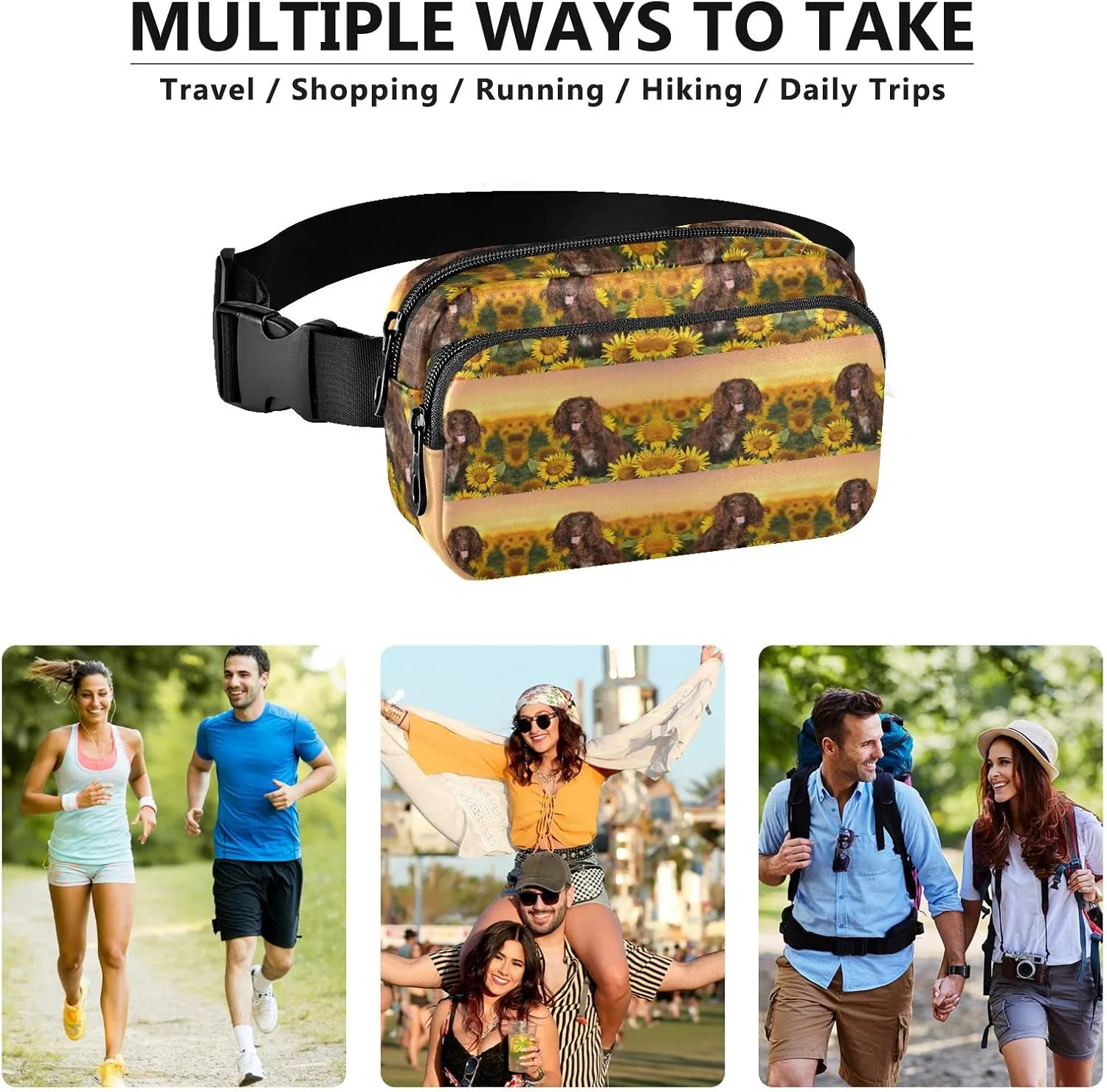 Oyihfvs Spaniel at Yellow Sunflowers Field Against Sundown Sunset Light Adjustable Fanny Waist Pack Pouch, Waterproof Runners Sports Waist Pack Wallet for Sports Hiking Fitness Cycling Gym Women Men