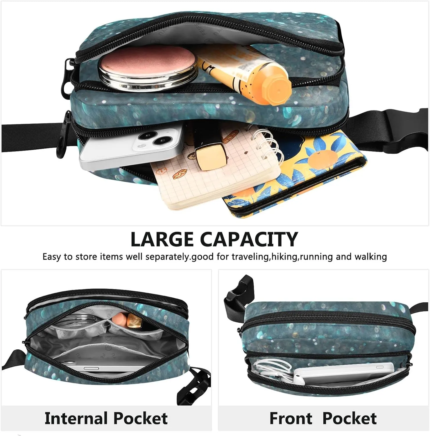 Oyihfvs Turquoise Blue and Silver White Defocused Lights Background Adjustable Fanny Waist Pack Pouch, Waterproof Runners Sports Waist Pack Wallet for Sports Hiking Fitness Cycling Gym Women Men