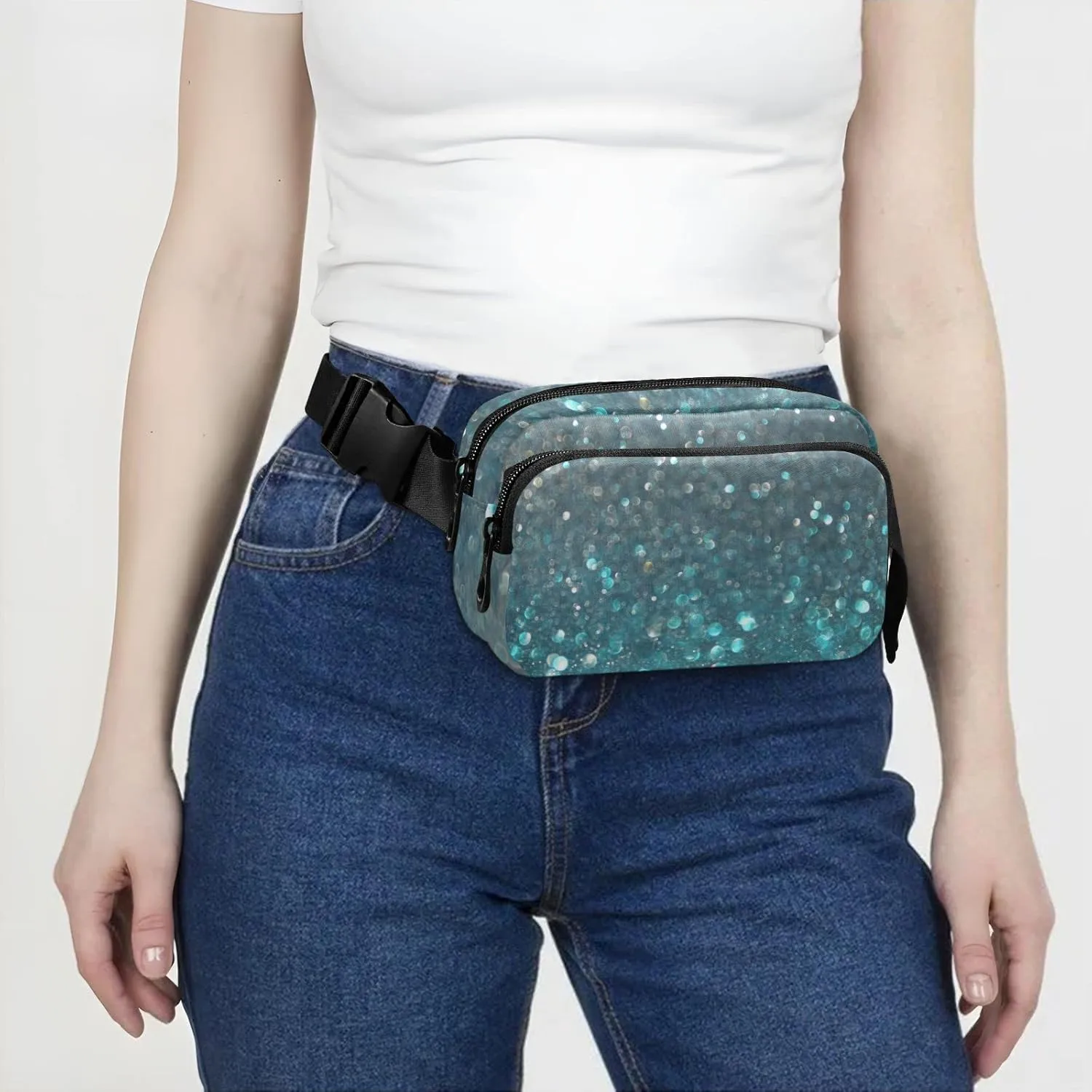 Oyihfvs Turquoise Blue and Silver White Defocused Lights Background Adjustable Fanny Waist Pack Pouch, Waterproof Runners Sports Waist Pack Wallet for Sports Hiking Fitness Cycling Gym Women Men